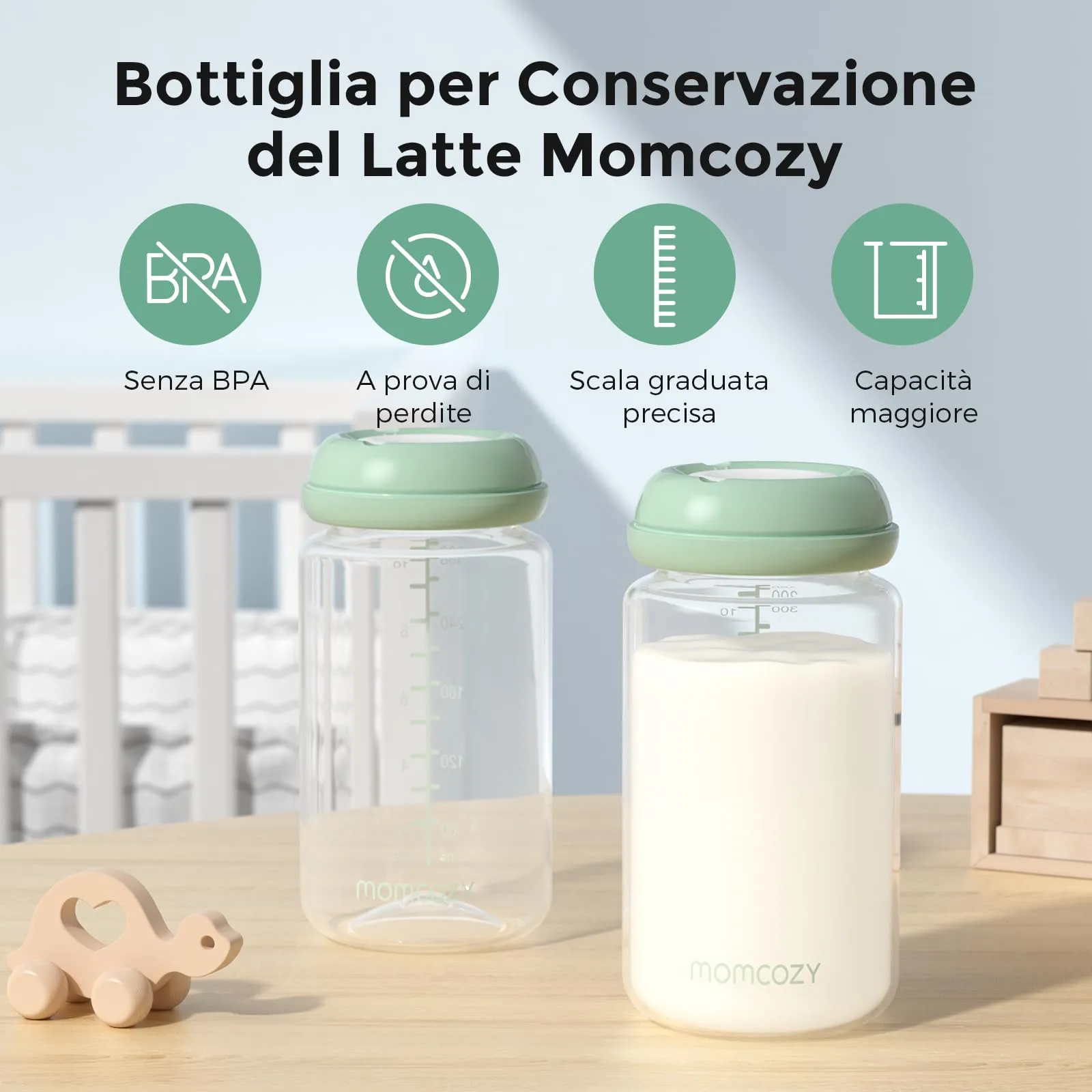 Momcozy Bottiglie Conservazione Latte Materno 300 ml Collo Largo, 4 Pezzi - immagine 2