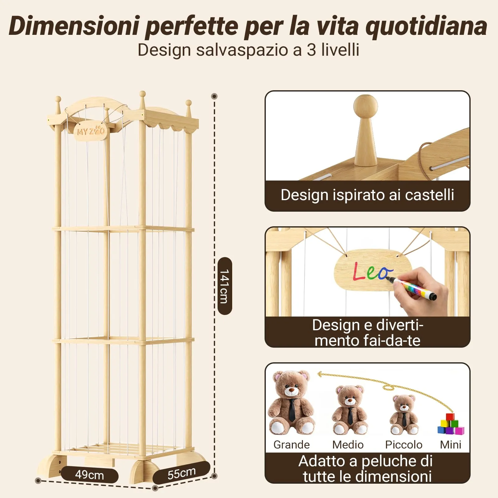 Cosyland Organizer Peluche per Bambini in Legno di Pino, 141 x 55 x 49 cm - immagine 2