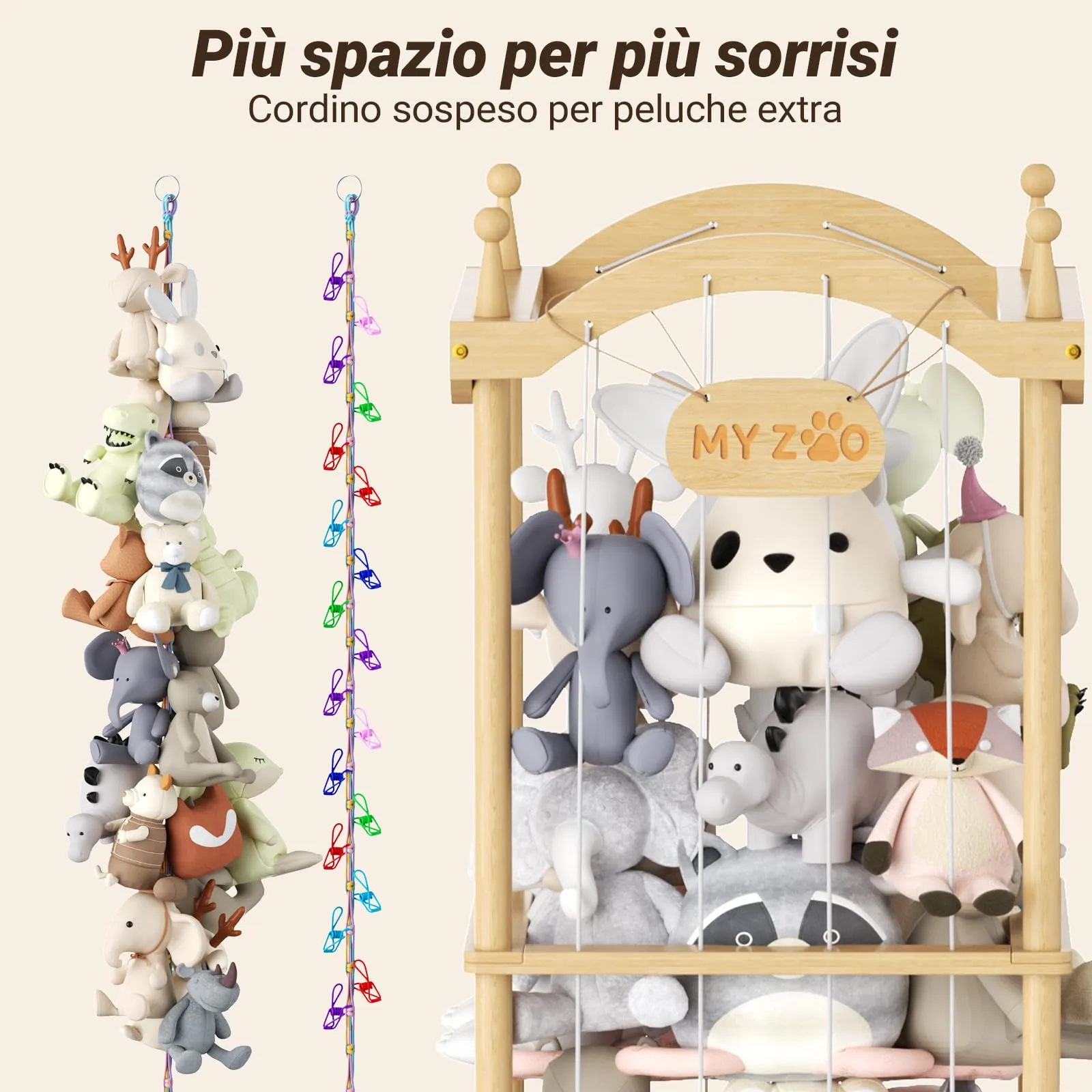Cosyland Organizer Peluche per Bambini in Legno di Pino, 141 x 55 x 49 cm - immagine 3
