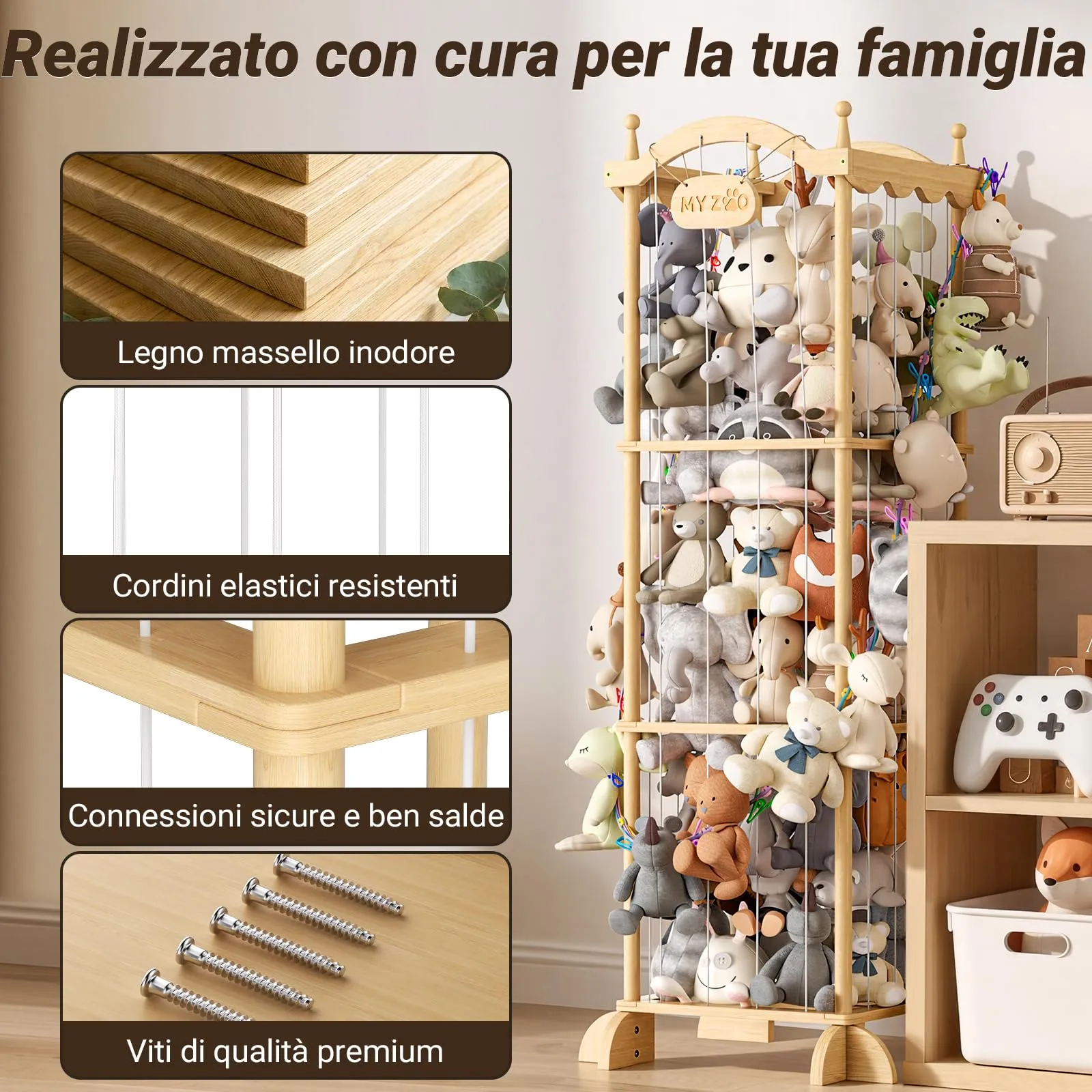 Cosyland Organizer Peluche per Bambini in Legno di Pino, 141 x 55 x 49 cm - immagine 6