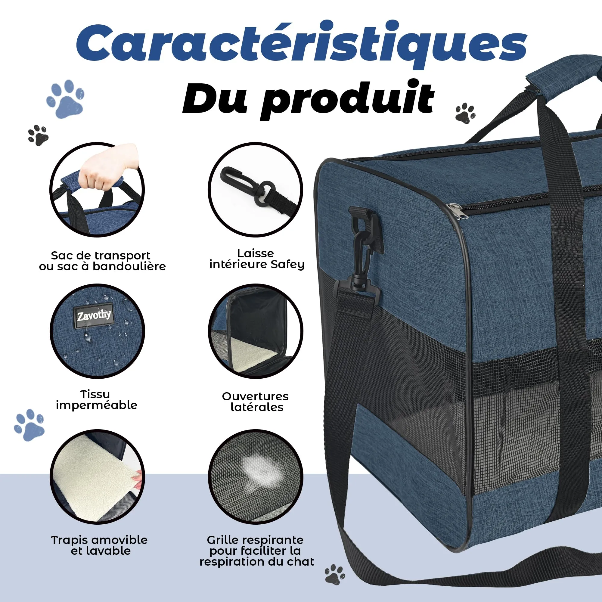 Zavothy Borsa Trasporto per Gatti e Cani, Traspirante e Pieghevole con Tracolla Regolabile e Materasso Rimovibile, Blu Scuro, L - immagine 2