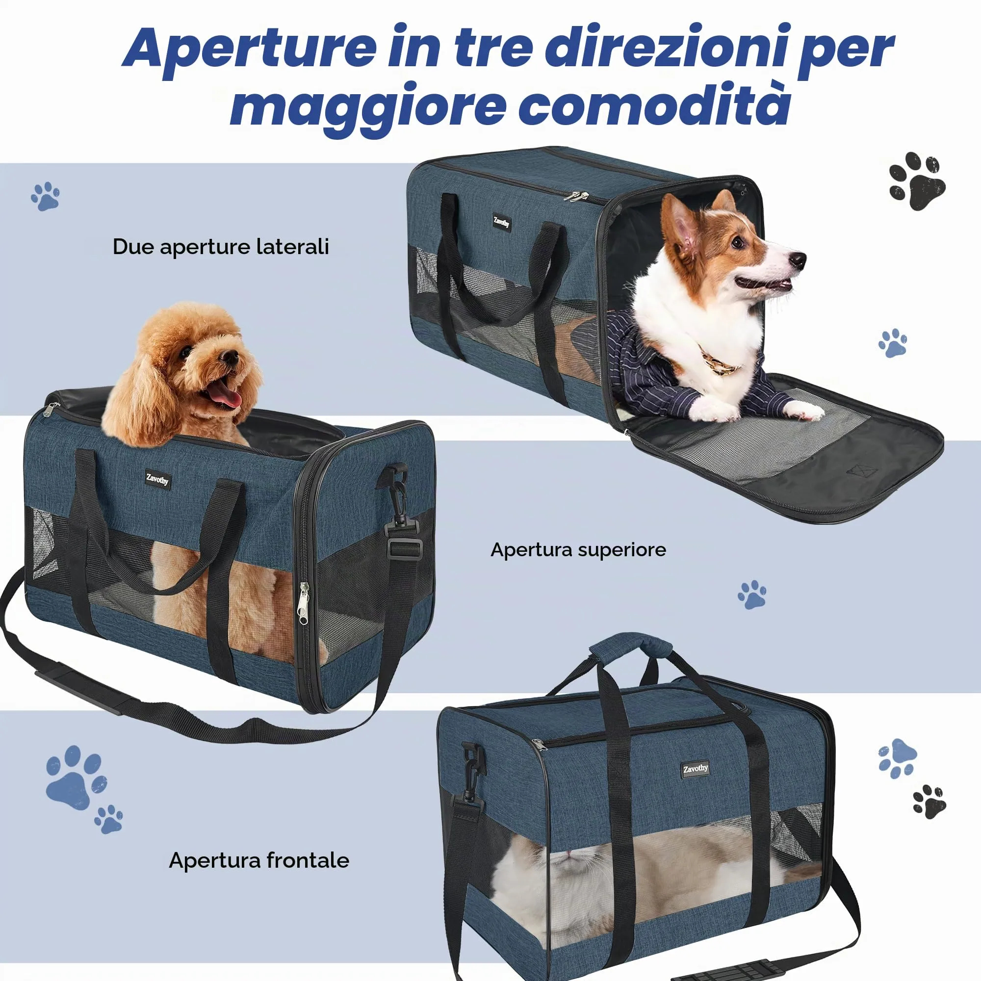 Zavothy Borsa Trasporto per Gatti e Cani, Traspirante e Pieghevole con Tracolla Regolabile e Materasso Rimovibile, Blu Scuro, L - immagine 4