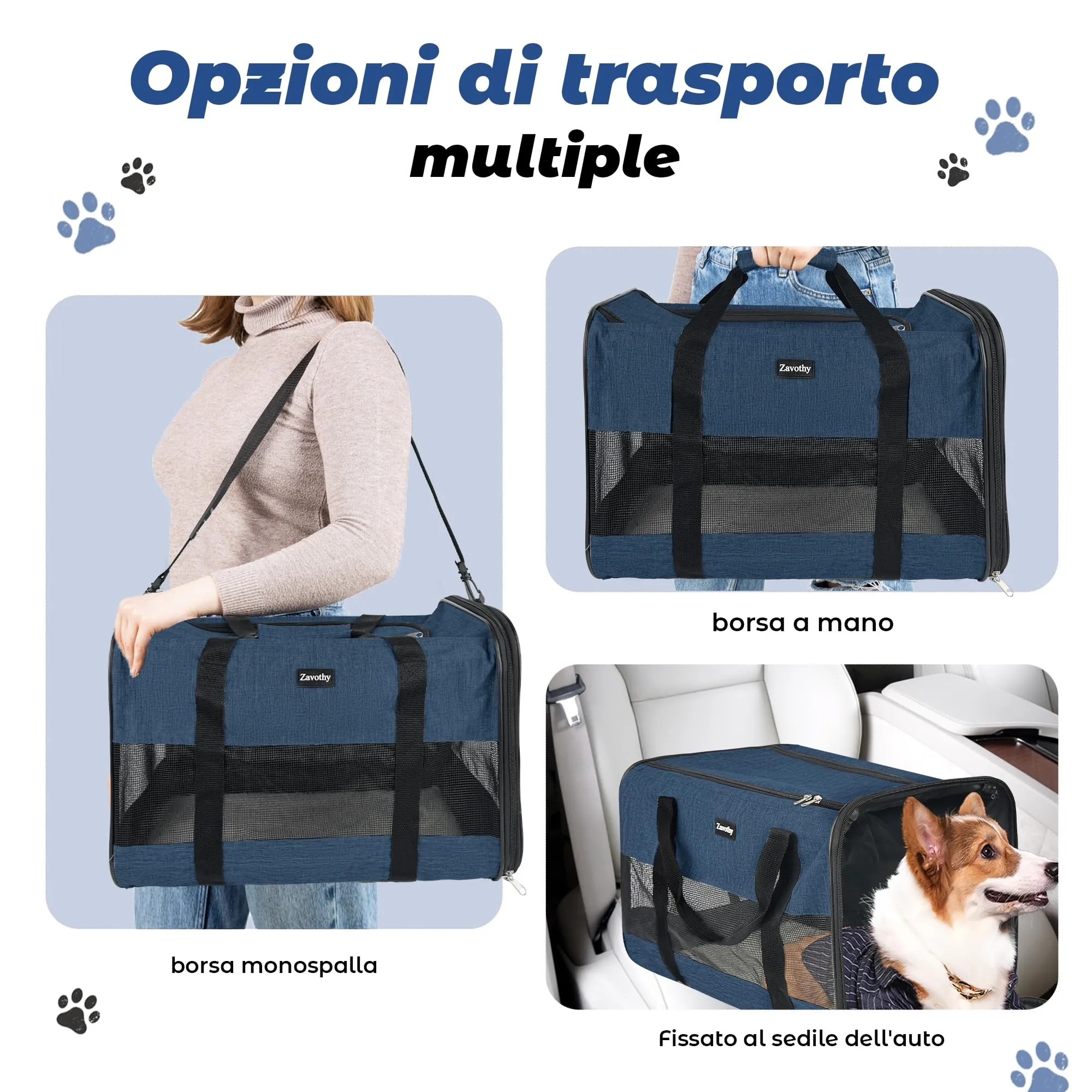 Zavothy Borsa Trasporto per Gatti e Cani, Traspirante e Pieghevole con Tracolla Regolabile e Materasso Rimovibile, Blu Scuro, L - immagine 6
