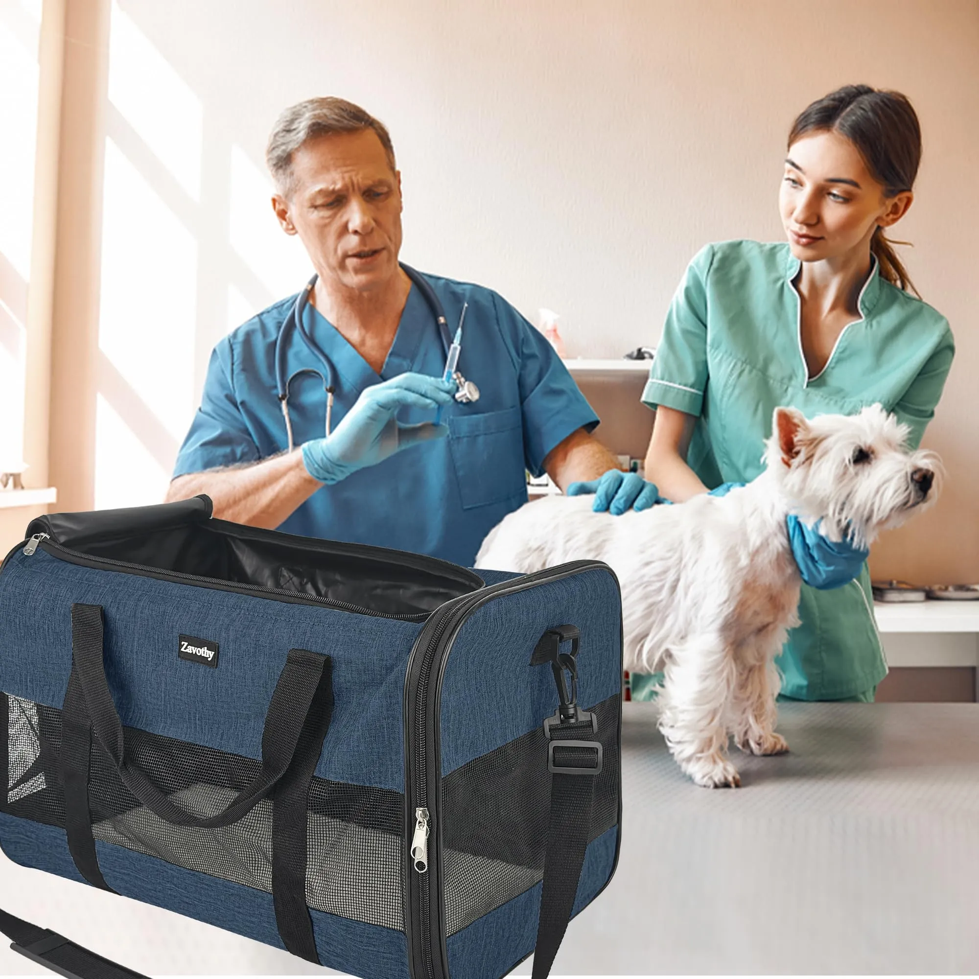 Zavothy Borsa Trasporto per Gatti e Cani, Traspirante e Pieghevole con Tracolla Regolabile e Materasso Rimovibile, Blu Scuro, L - immagine 8