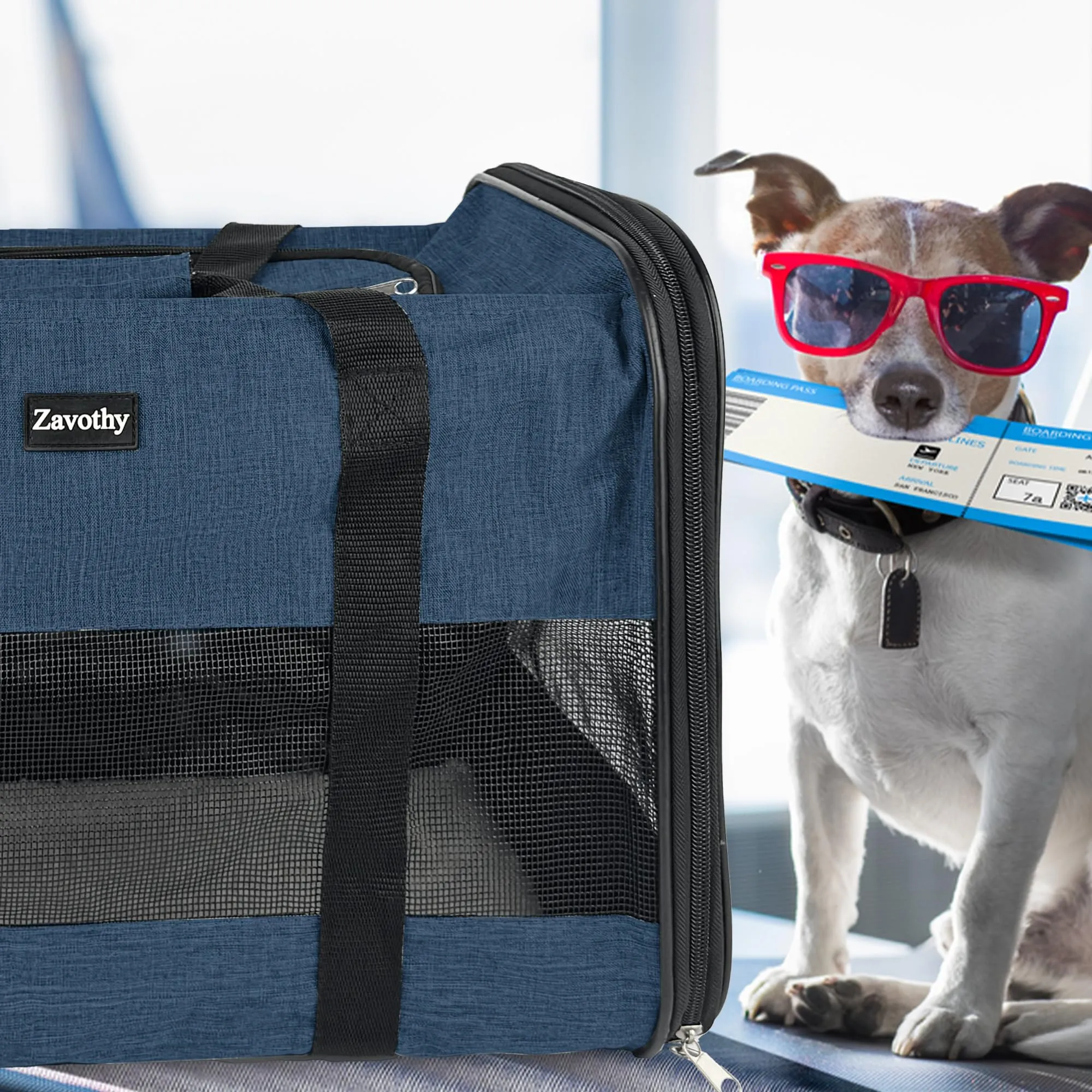 Zavothy Borsa Trasporto per Gatti e Cani, Traspirante e Pieghevole con Tracolla Regolabile e Materasso Rimovibile, Blu Scuro, L - immagine 9