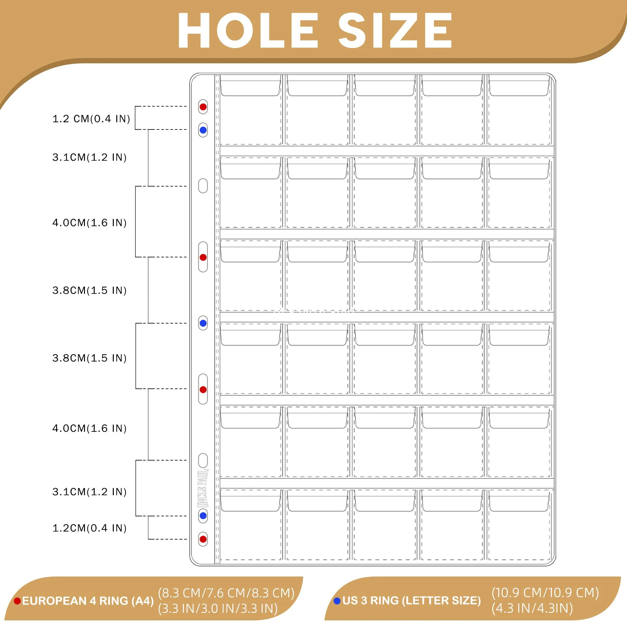Uncle Paul CS0312530 Fogli per Monete, 25 Fogli, 750 Tasche (38 mm x 34 mm), 9 Fori - immagine 3