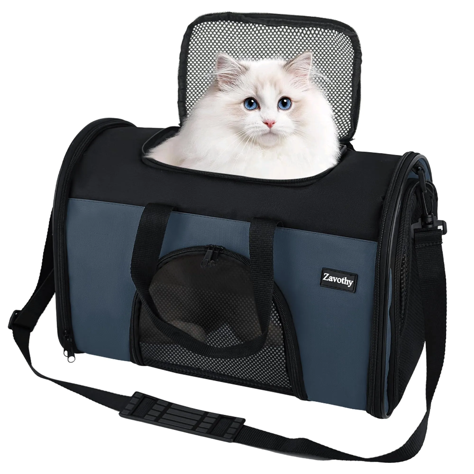 Zavothy Borsa Trasporto per Gatti e Cani, Traspirante e Pieghevole con Tracolla Regolabile e Materasso Removibile, Blu Scuro, S - immagine 1