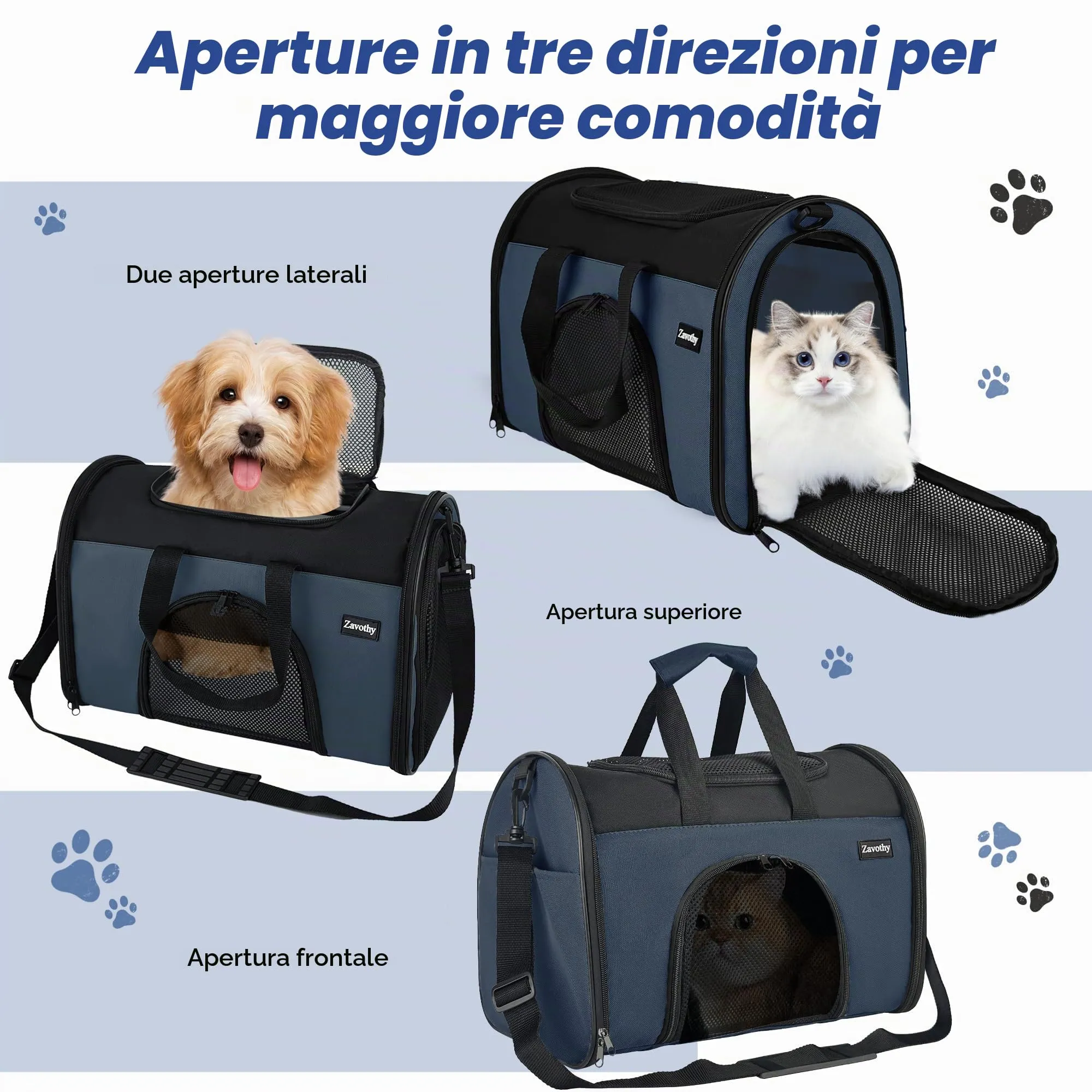 Zavothy Borsa Trasporto per Gatti e Cani, Traspirante e Pieghevole con Tracolla Regolabile e Materasso Removibile, Blu Scuro, S - immagine 4