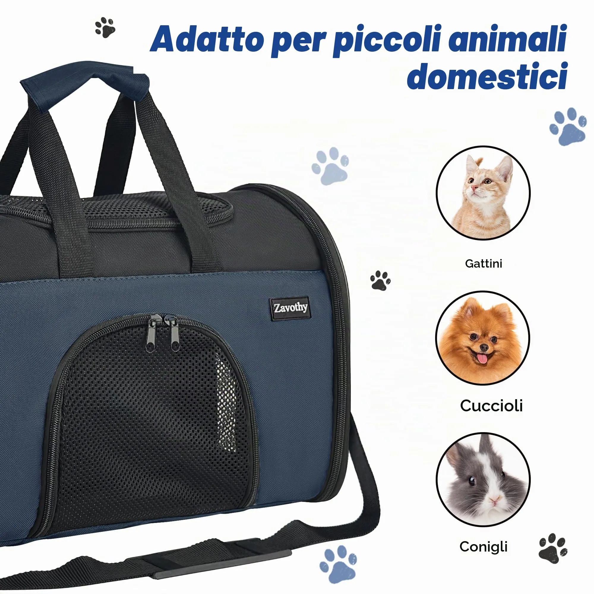 Zavothy Borsa Trasporto per Gatti e Cani, Traspirante e Pieghevole con Tracolla Regolabile e Materasso Removibile, Blu Scuro, S - immagine 5