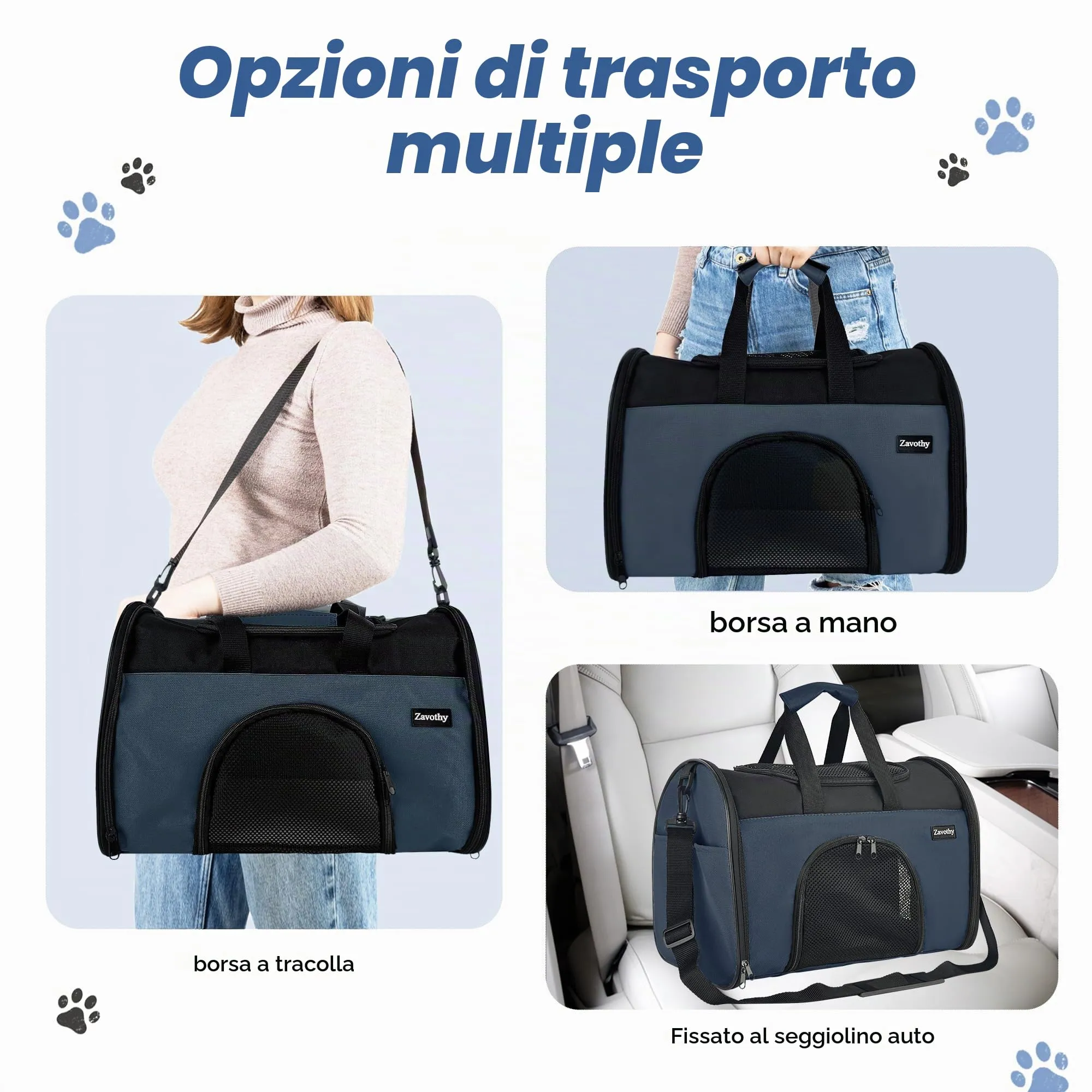 Zavothy Borsa Trasporto per Gatti e Cani, Traspirante e Pieghevole con Tracolla Regolabile e Materasso Removibile, Blu Scuro, S - immagine 6