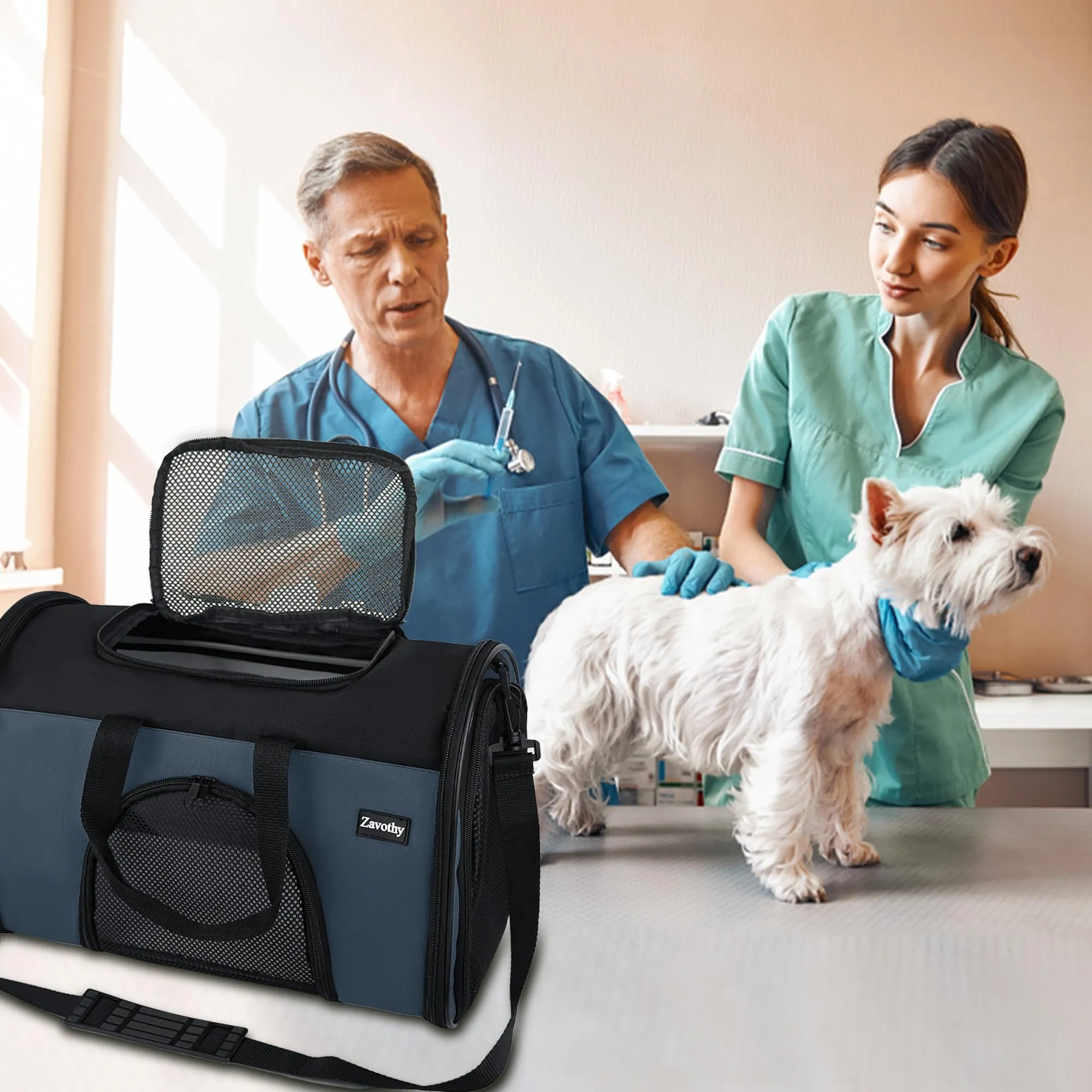 Zavothy Borsa Trasporto per Gatti e Cani, Traspirante e Pieghevole con Tracolla Regolabile e Materasso Removibile, Blu Scuro, S - immagine 8