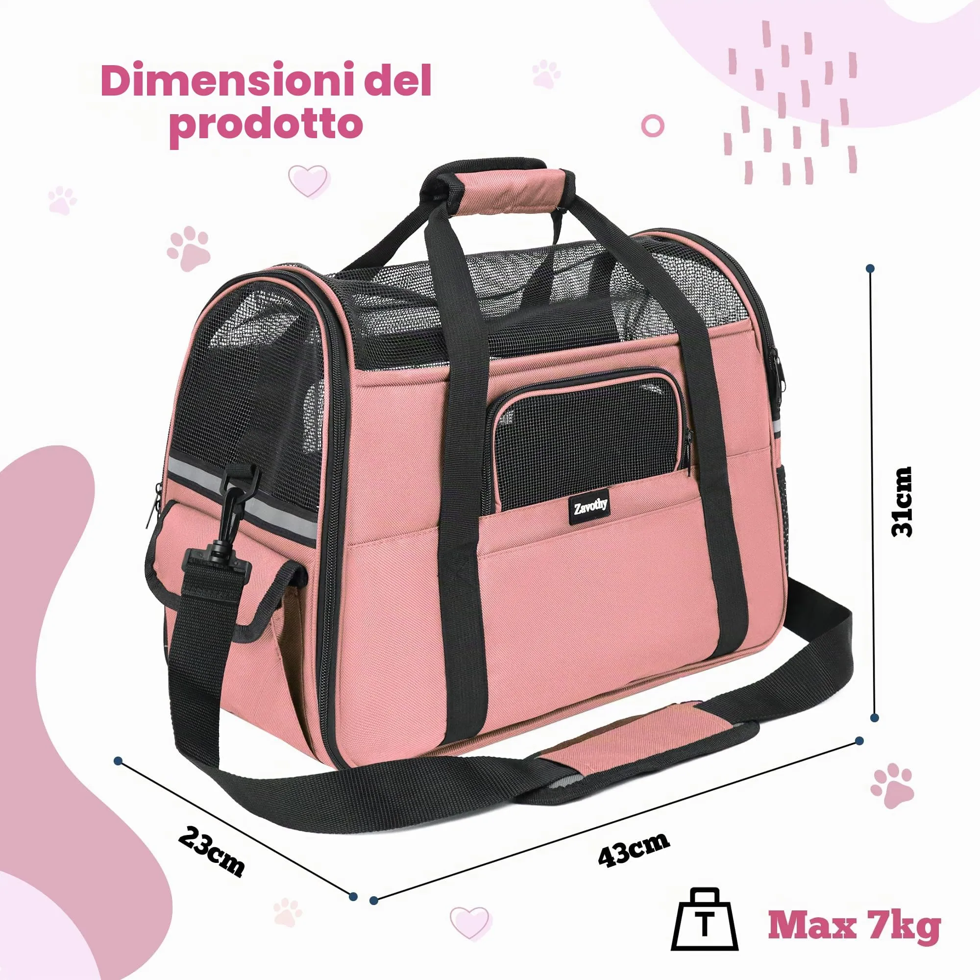 Zavothy Borsa Trasporto per Gatti e Cani, Traspirante e Pieghevole con Tracolla Regolabile e Materasso in Peluche Rimovibile, Rosa Chiaro, M - immagine 3