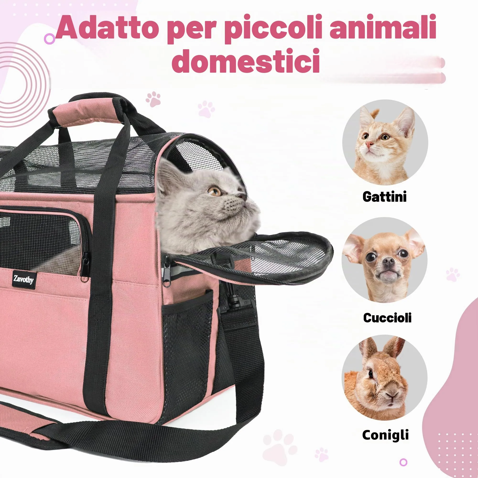 Zavothy Borsa Trasporto per Gatti e Cani, Traspirante e Pieghevole con Tracolla Regolabile e Materasso in Peluche Rimovibile, Rosa Chiaro, M - immagine 5