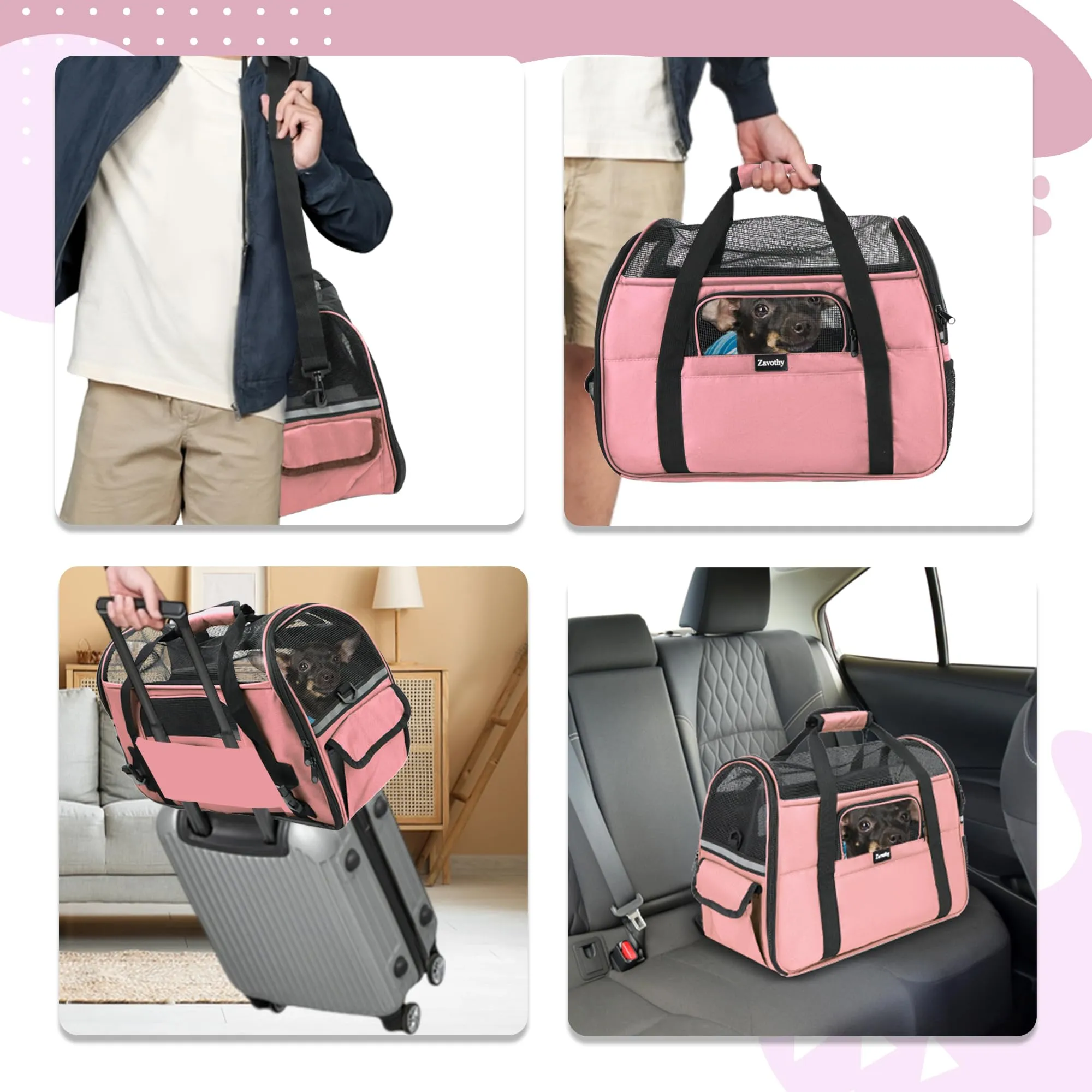 Zavothy Borsa Trasporto per Gatti e Cani, Traspirante e Pieghevole con Tracolla Regolabile e Materasso in Peluche Rimovibile, Rosa Chiaro, M - immagine 6