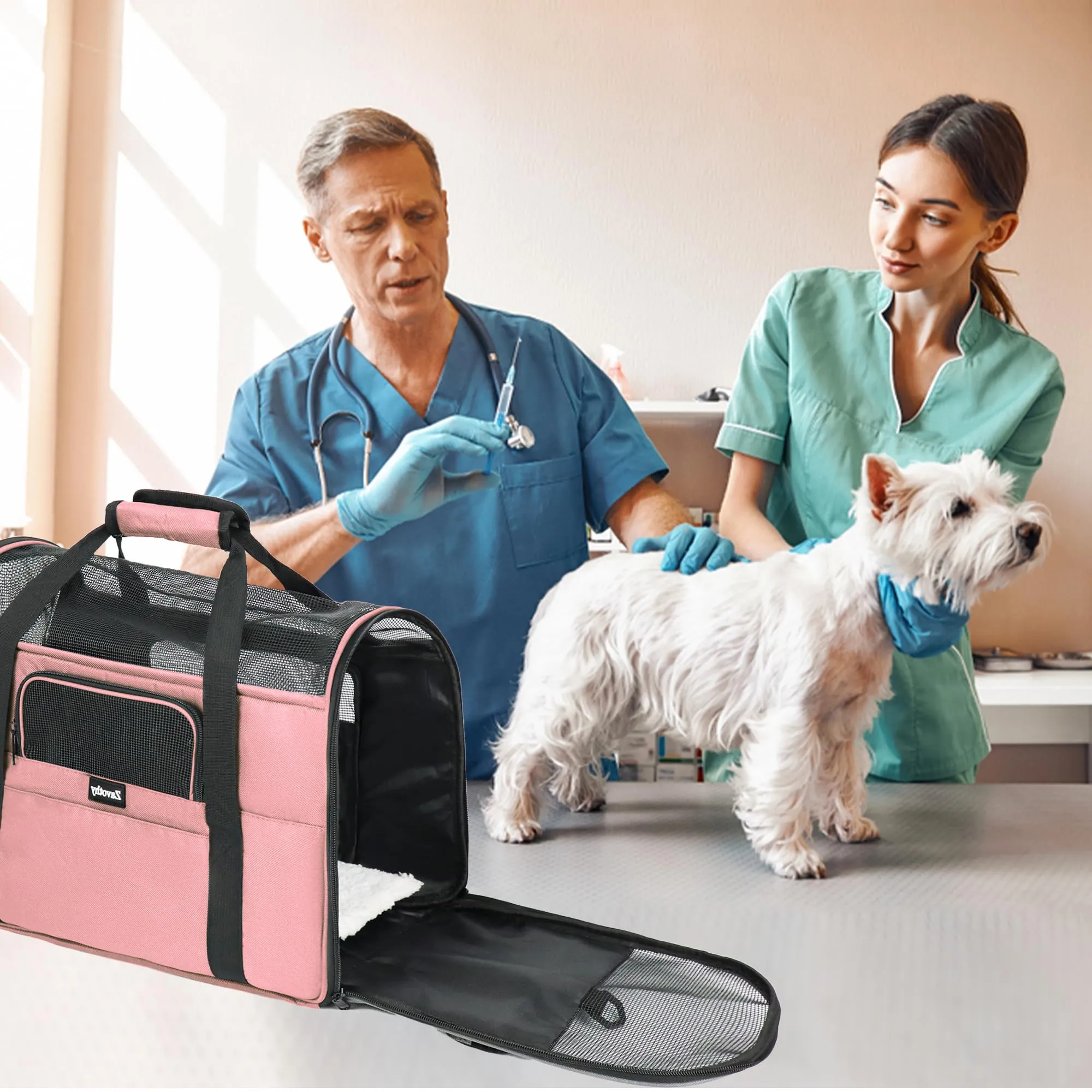 Zavothy Borsa Trasporto per Gatti e Cani, Traspirante e Pieghevole con Tracolla Regolabile e Materasso in Peluche Rimovibile, Rosa Chiaro, M - immagine 8