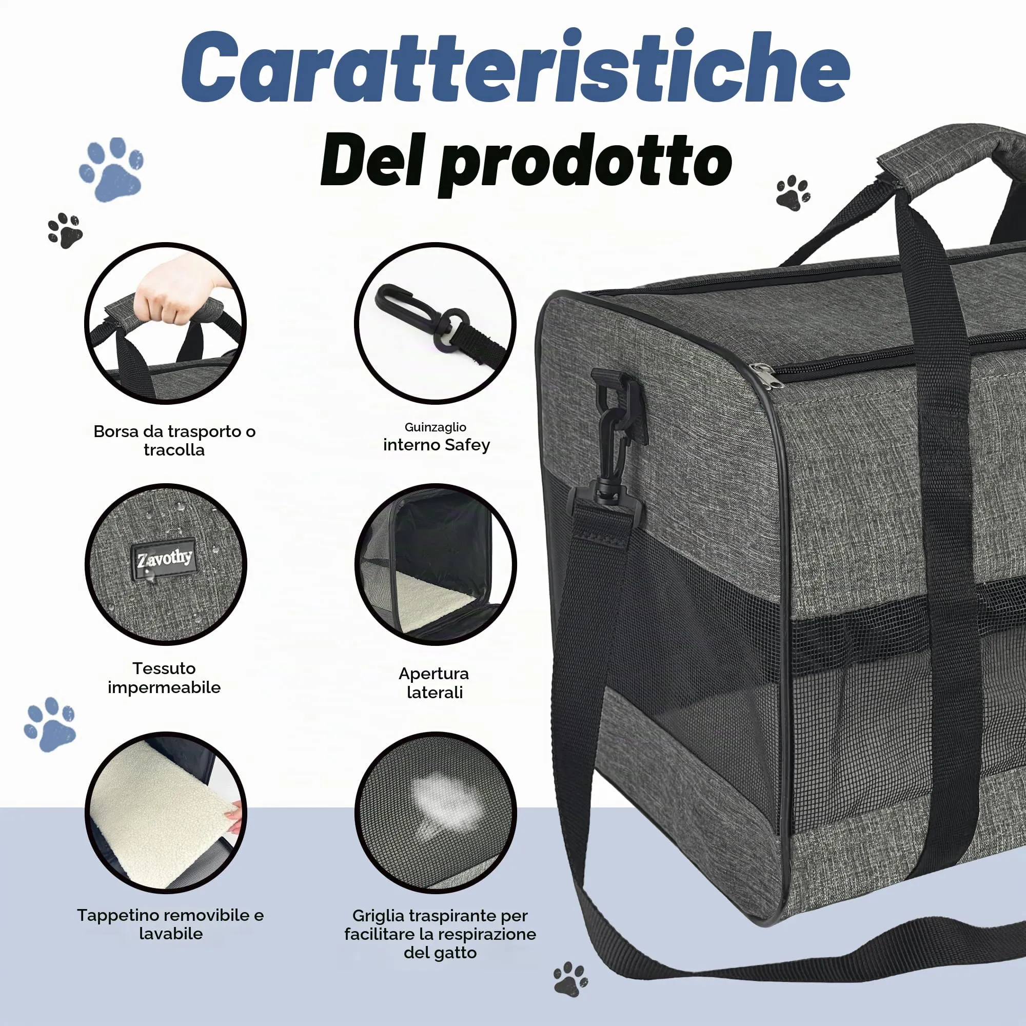 Zavothy Borsa per il trasporto per gatti e cani, traspirante e pieghevole, con tracolla regolabile e materasso in peluche rimovibile, Grigio Scuro, L - immagine 3
