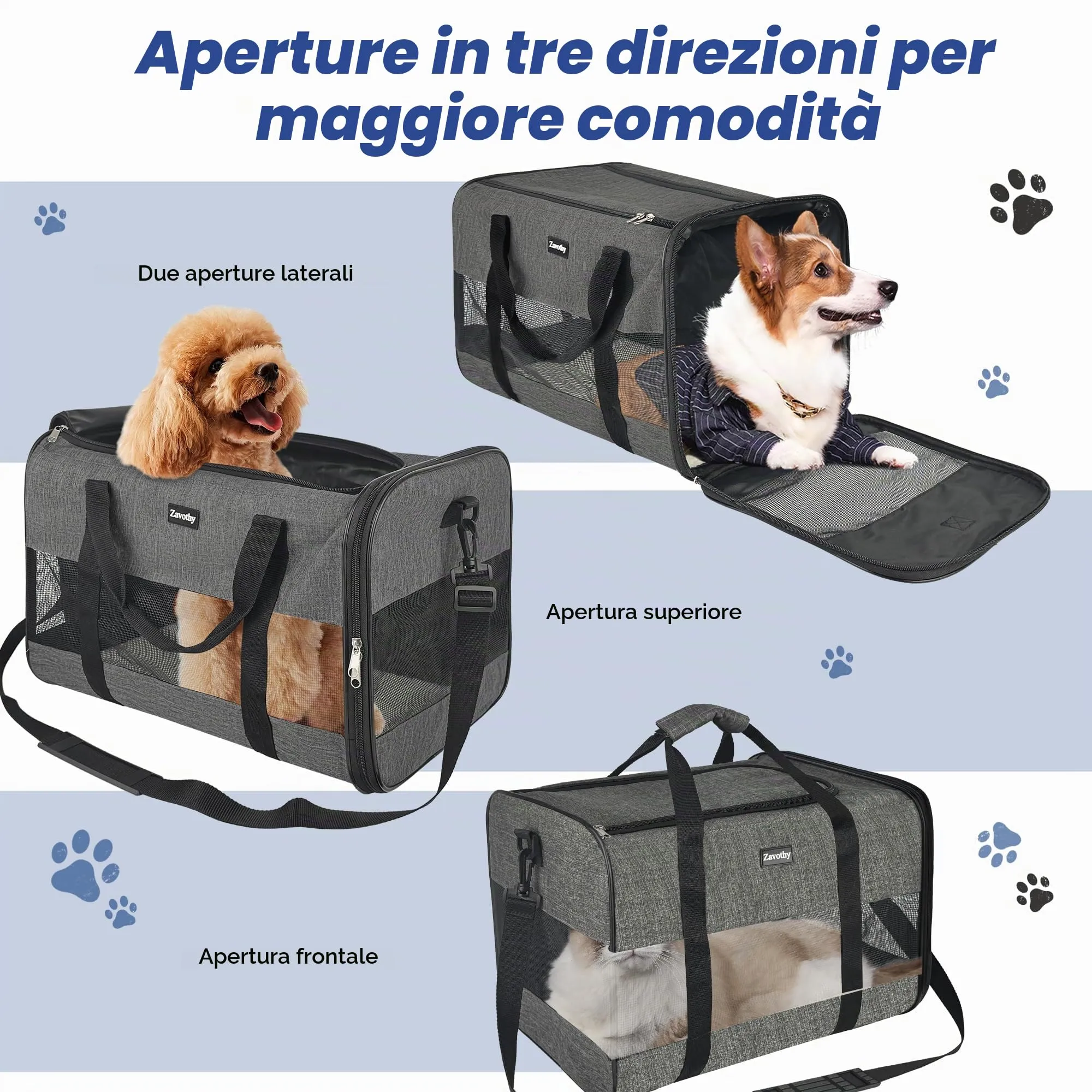 Zavothy Borsa per il trasporto per gatti e cani, traspirante e pieghevole, con tracolla regolabile e materasso in peluche rimovibile, Grigio Scuro, L - immagine 4