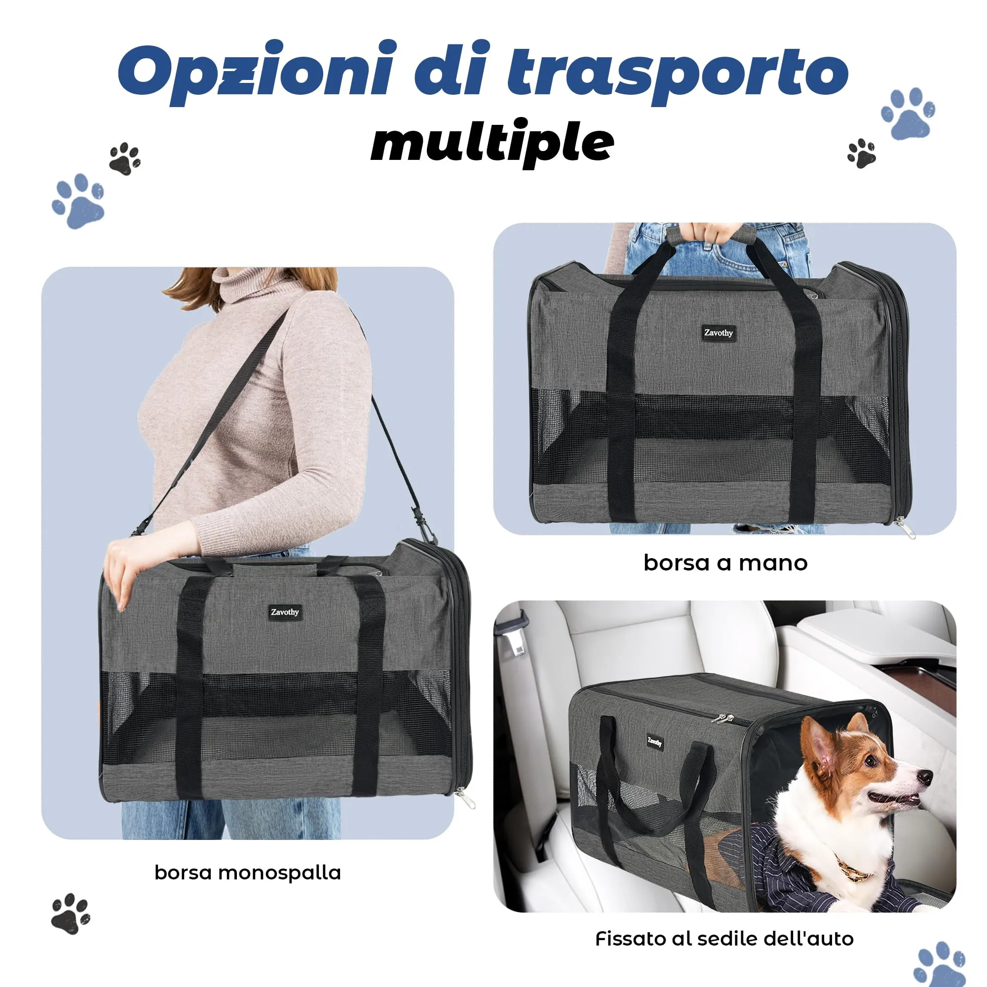 Zavothy Borsa per il trasporto per gatti e cani, traspirante e pieghevole, con tracolla regolabile e materasso in peluche rimovibile, Grigio Scuro, L - immagine 6