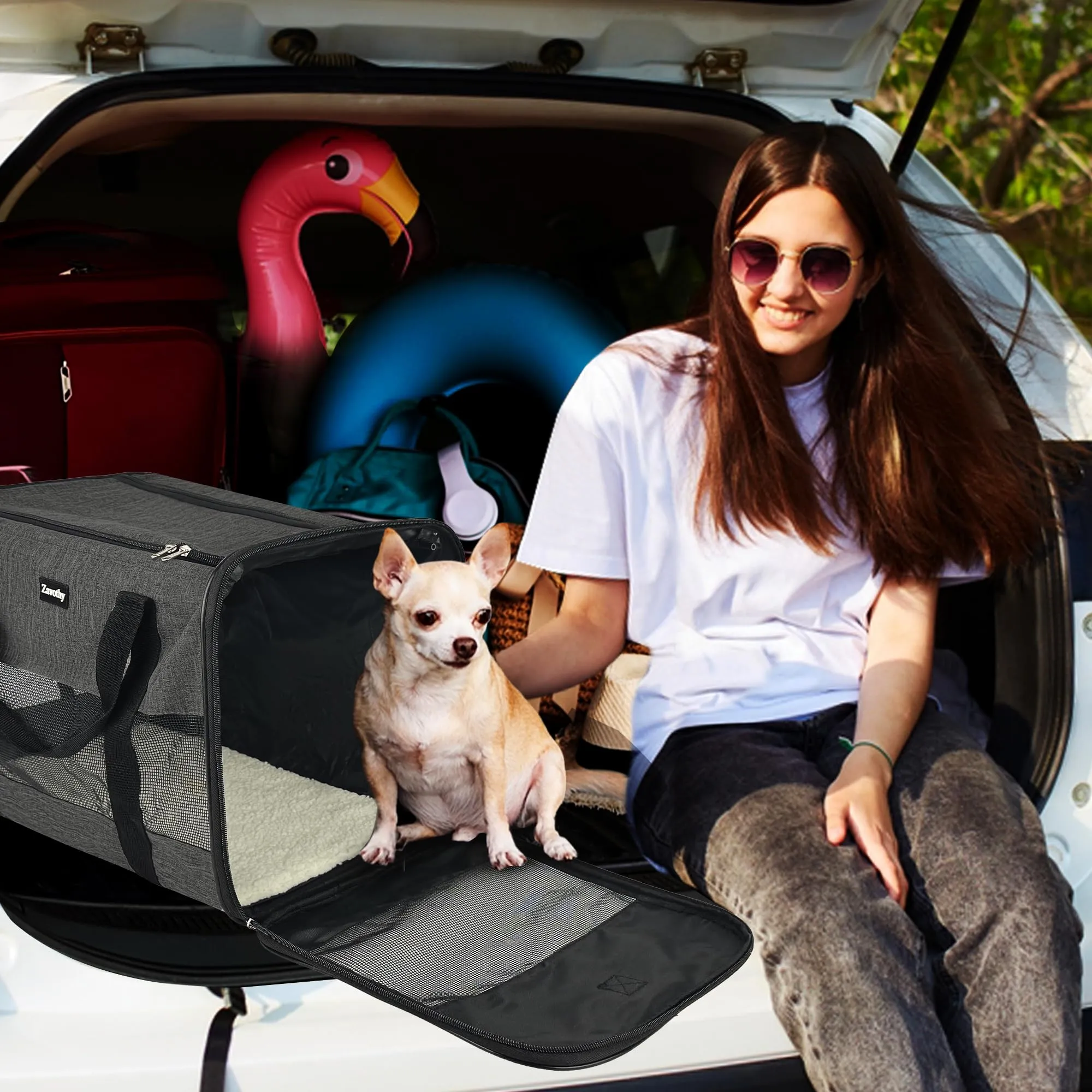 Zavothy Borsa per il trasporto per gatti e cani, traspirante e pieghevole, con tracolla regolabile e materasso in peluche rimovibile, Grigio Scuro, L - immagine 7