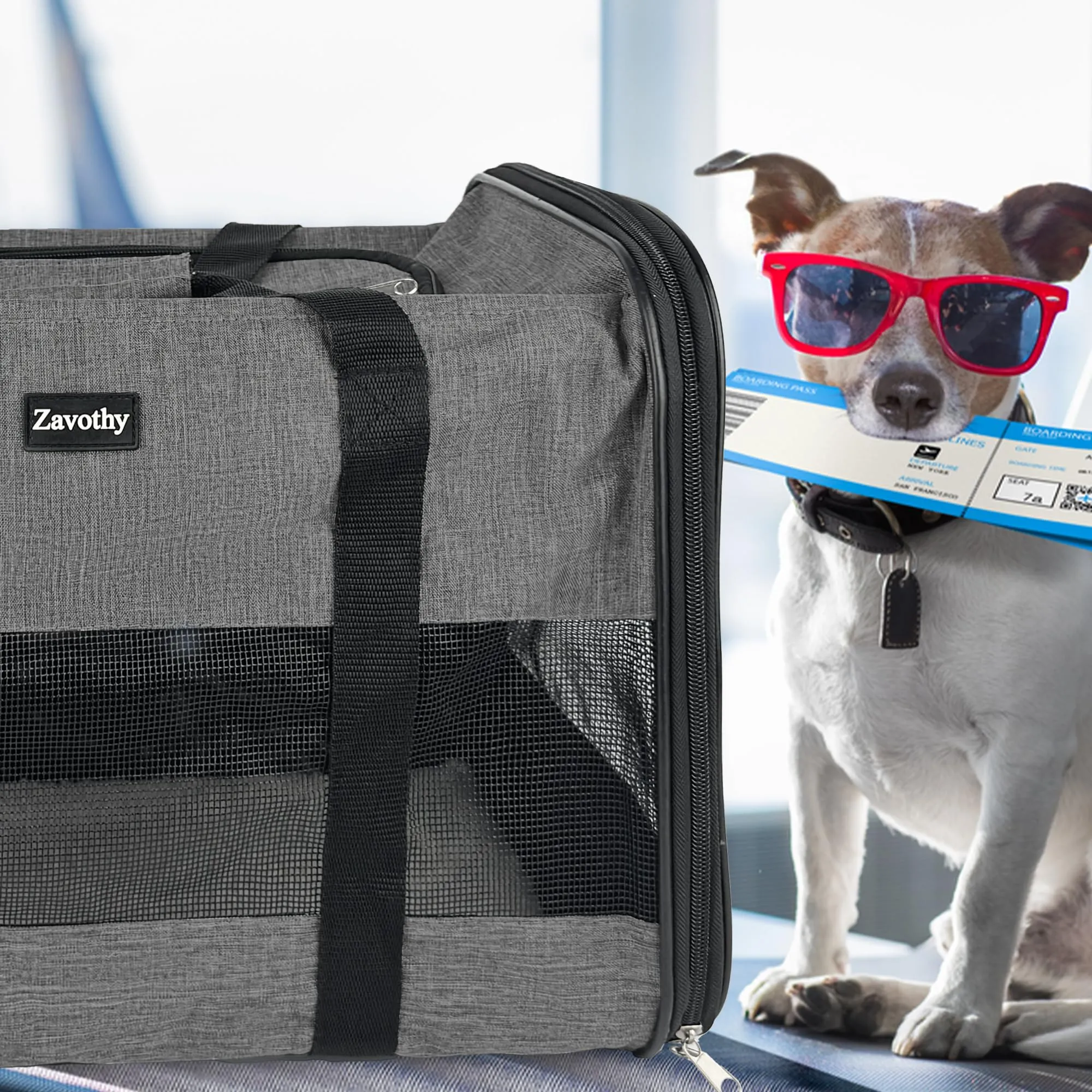 Zavothy Borsa per il trasporto per gatti e cani, traspirante e pieghevole, con tracolla regolabile e materasso in peluche rimovibile, Grigio Scuro, L - immagine 9
