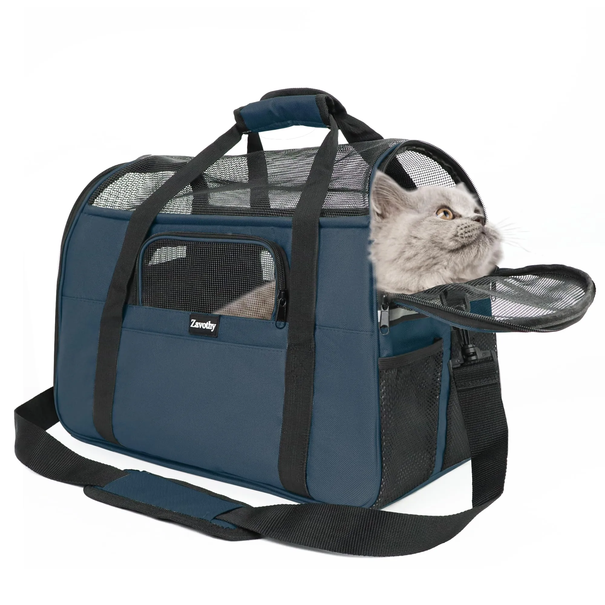 Zavothy Borsa Trasporto per Gatti e Cani Traspirante e Pieghevole con Tracolla Regolabile e Materasso Rimovibile, Blu Scuro, M - immagine 1