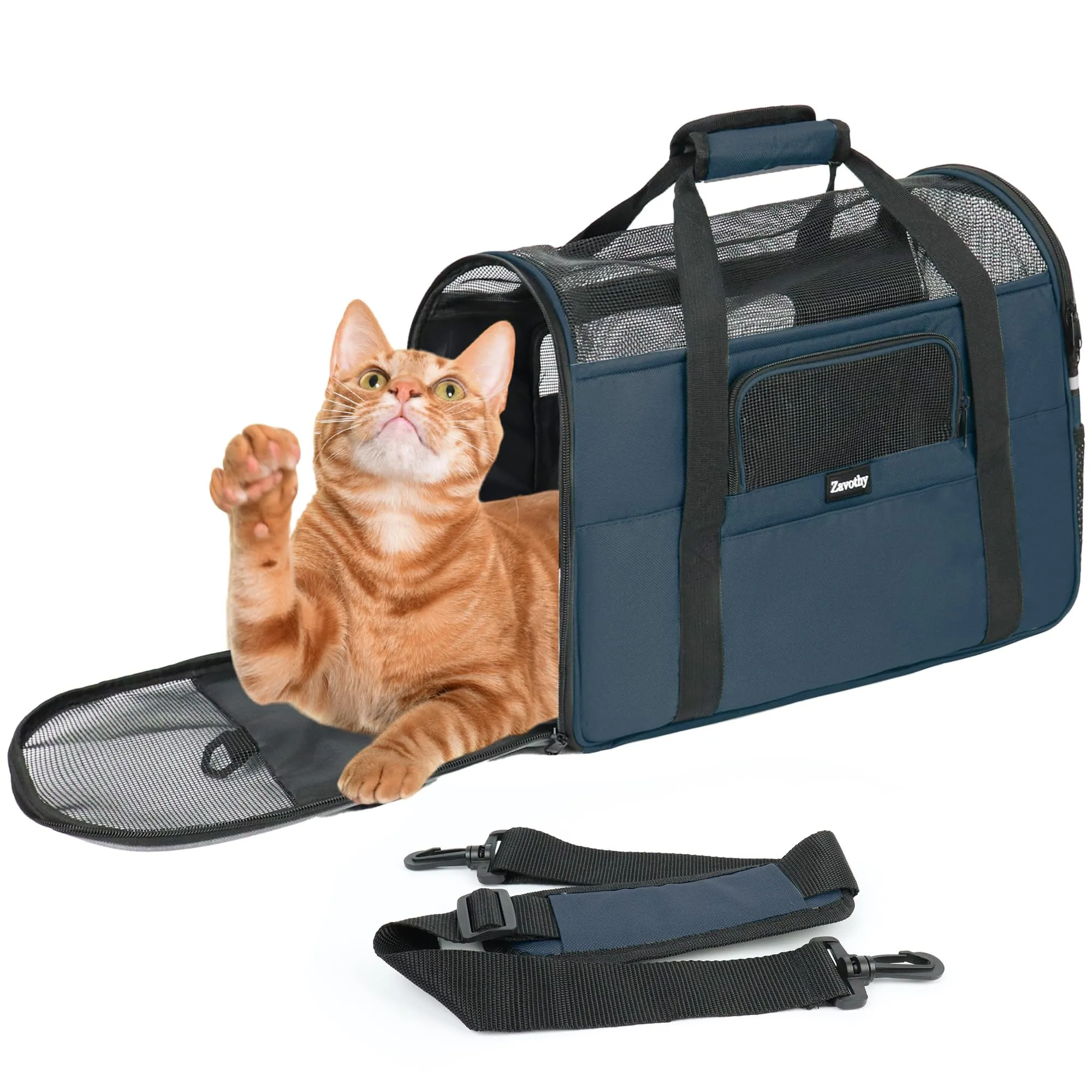 Zavothy Borsa Trasporto per Gatti e Cani Traspirante e Pieghevole con Tracolla Regolabile e Materasso Rimovibile, Blu Scuro, M - immagine 2