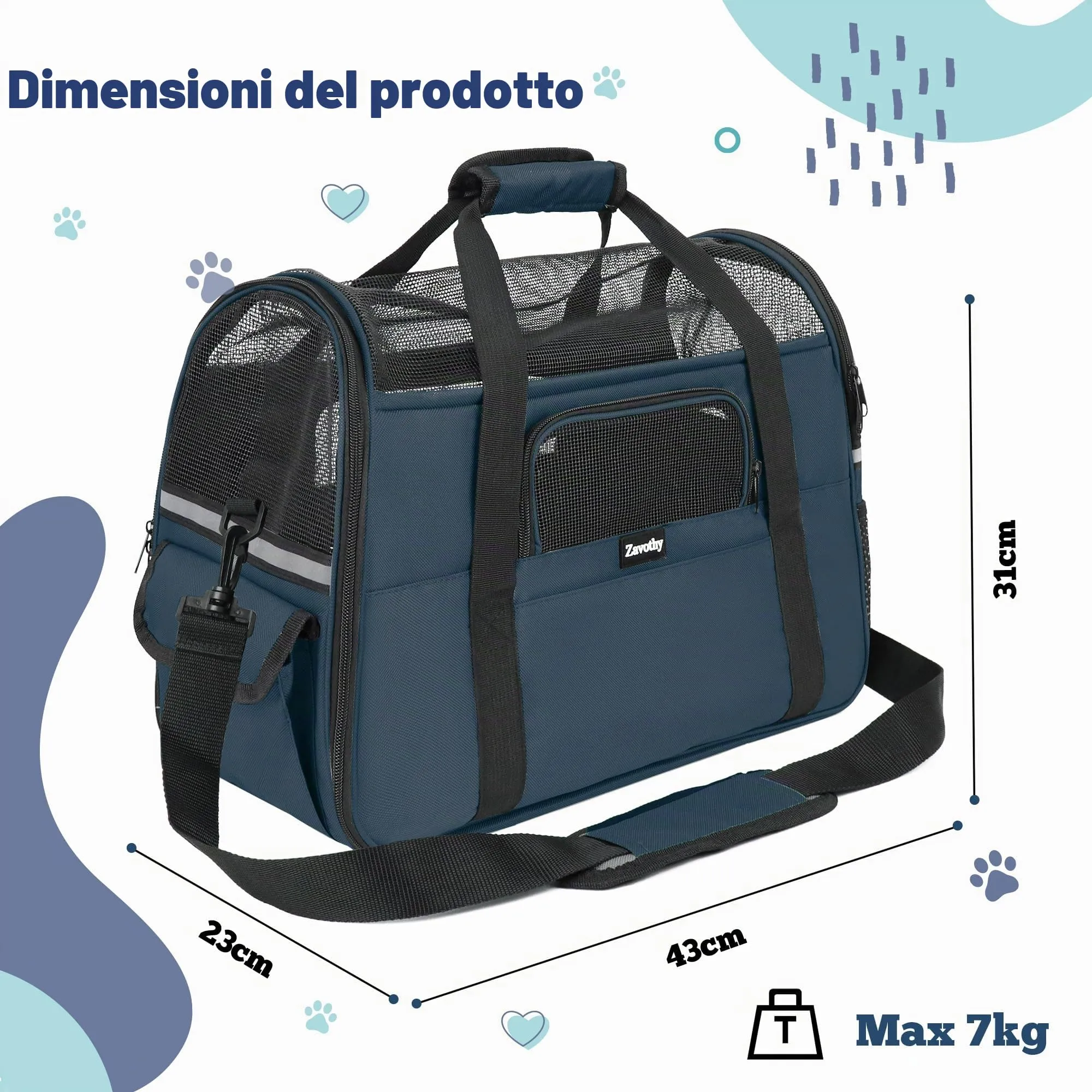 Zavothy Borsa Trasporto per Gatti e Cani Traspirante e Pieghevole con Tracolla Regolabile e Materasso Rimovibile, Blu Scuro, M - immagine 3