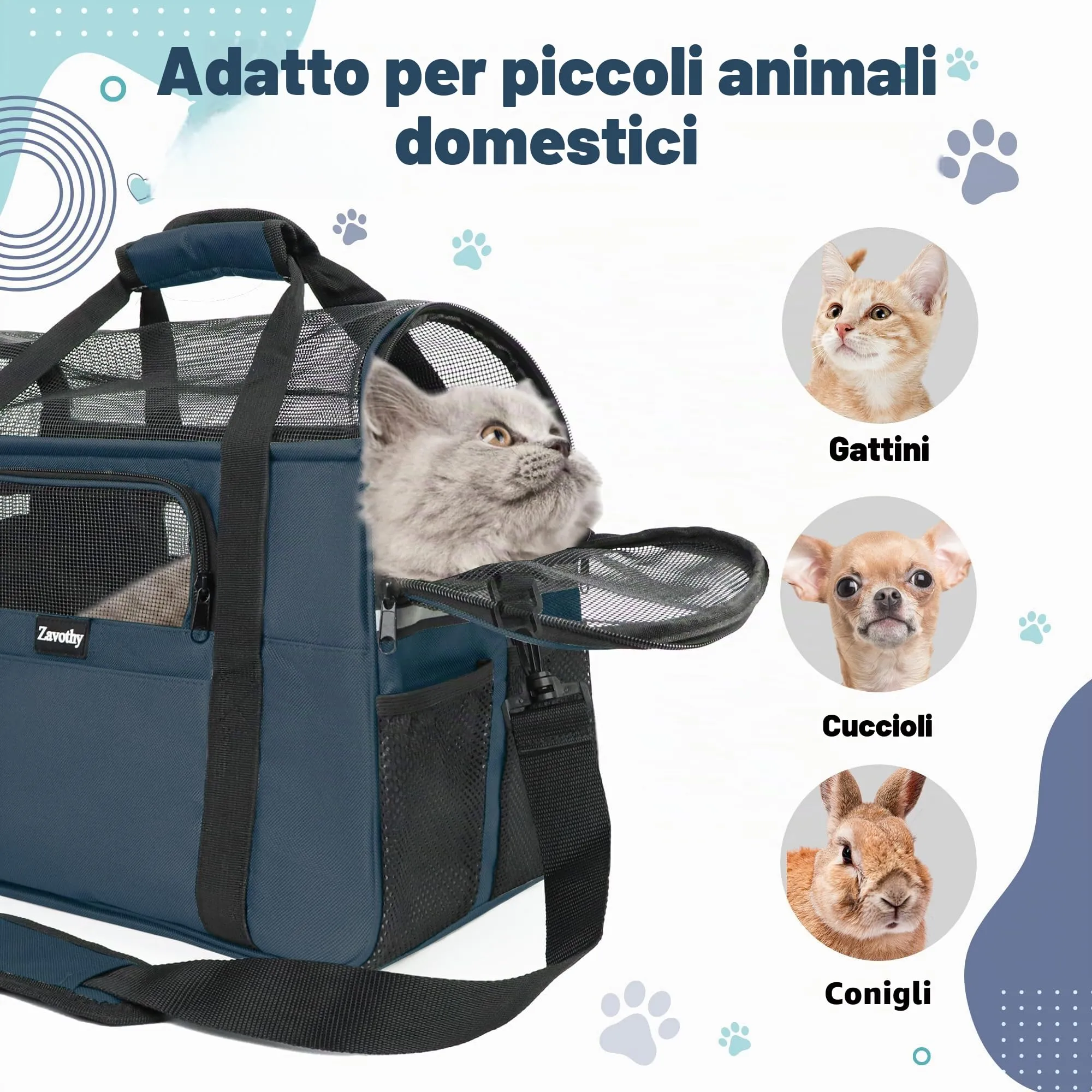 Zavothy Borsa Trasporto per Gatti e Cani Traspirante e Pieghevole con Tracolla Regolabile e Materasso Rimovibile, Blu Scuro, M - immagine 4