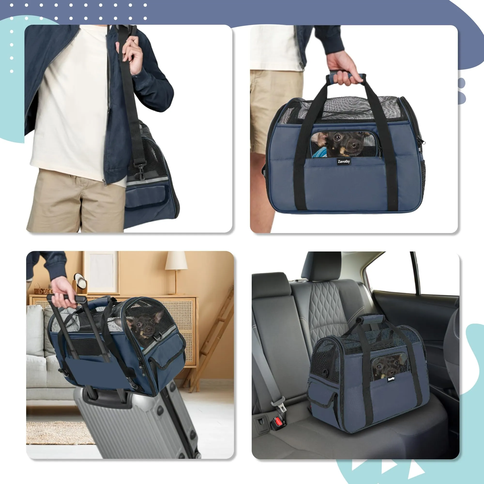 Zavothy Borsa Trasporto per Gatti e Cani Traspirante e Pieghevole con Tracolla Regolabile e Materasso Rimovibile, Blu Scuro, M - immagine 6