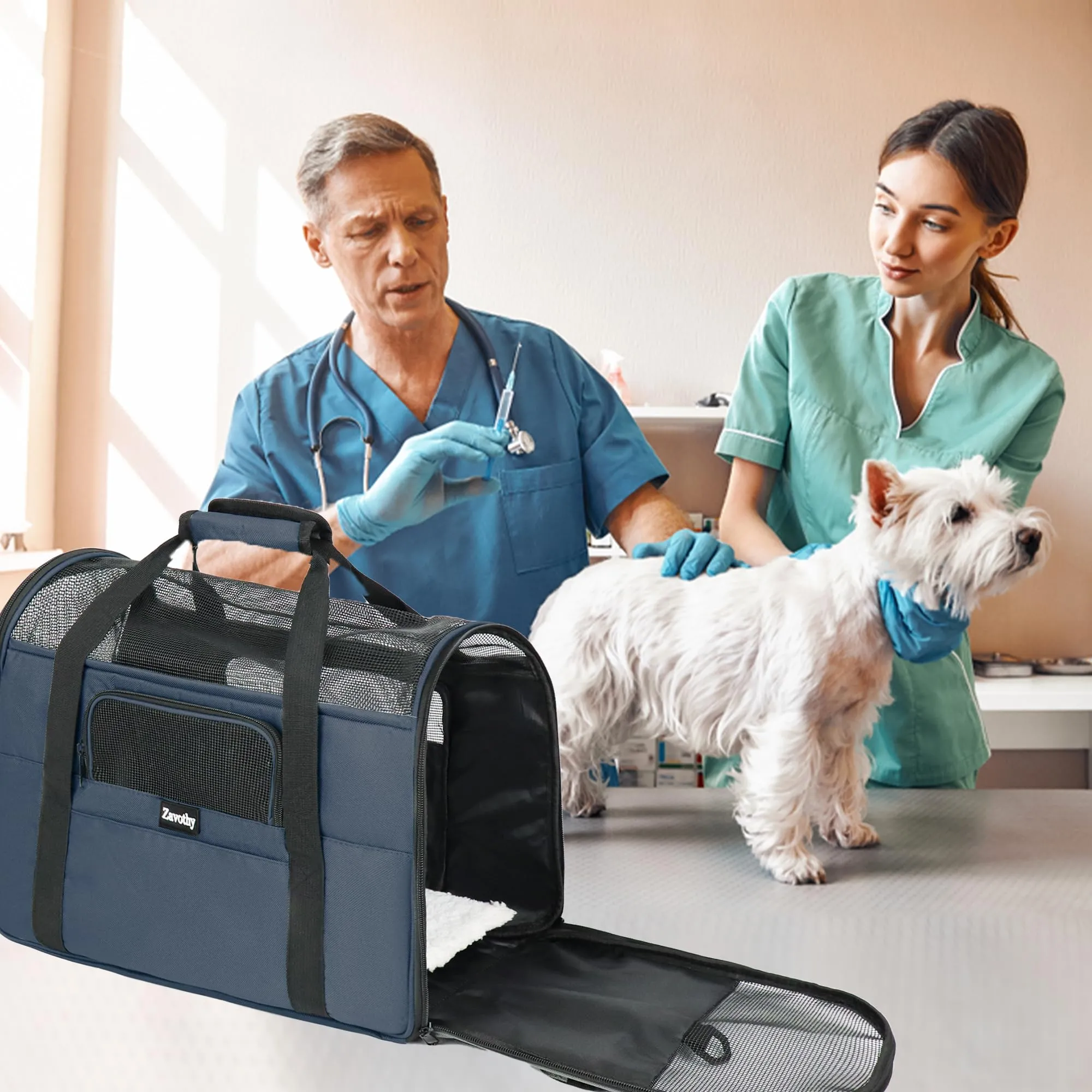 Zavothy Borsa Trasporto per Gatti e Cani Traspirante e Pieghevole con Tracolla Regolabile e Materasso Rimovibile, Blu Scuro, M - immagine 8