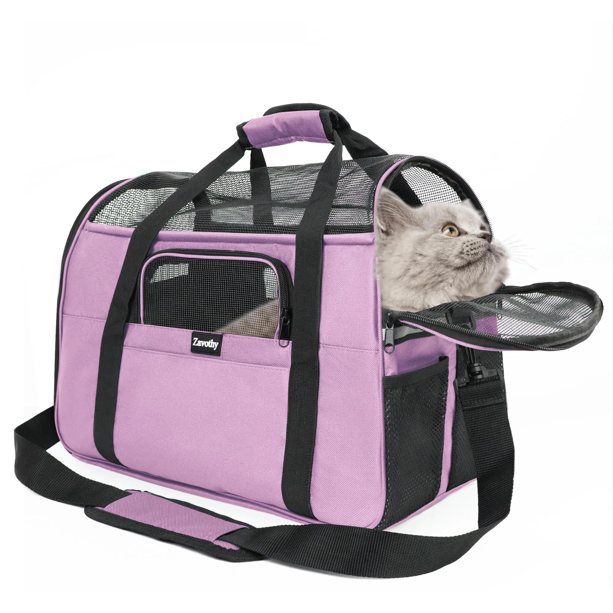 Zavothy Borsa per il trasporto per gatti e cani, traspirante e pieghevole, con tracolla regolabile e materasso in peluche rimovibile (Viola, M) - immagine 1