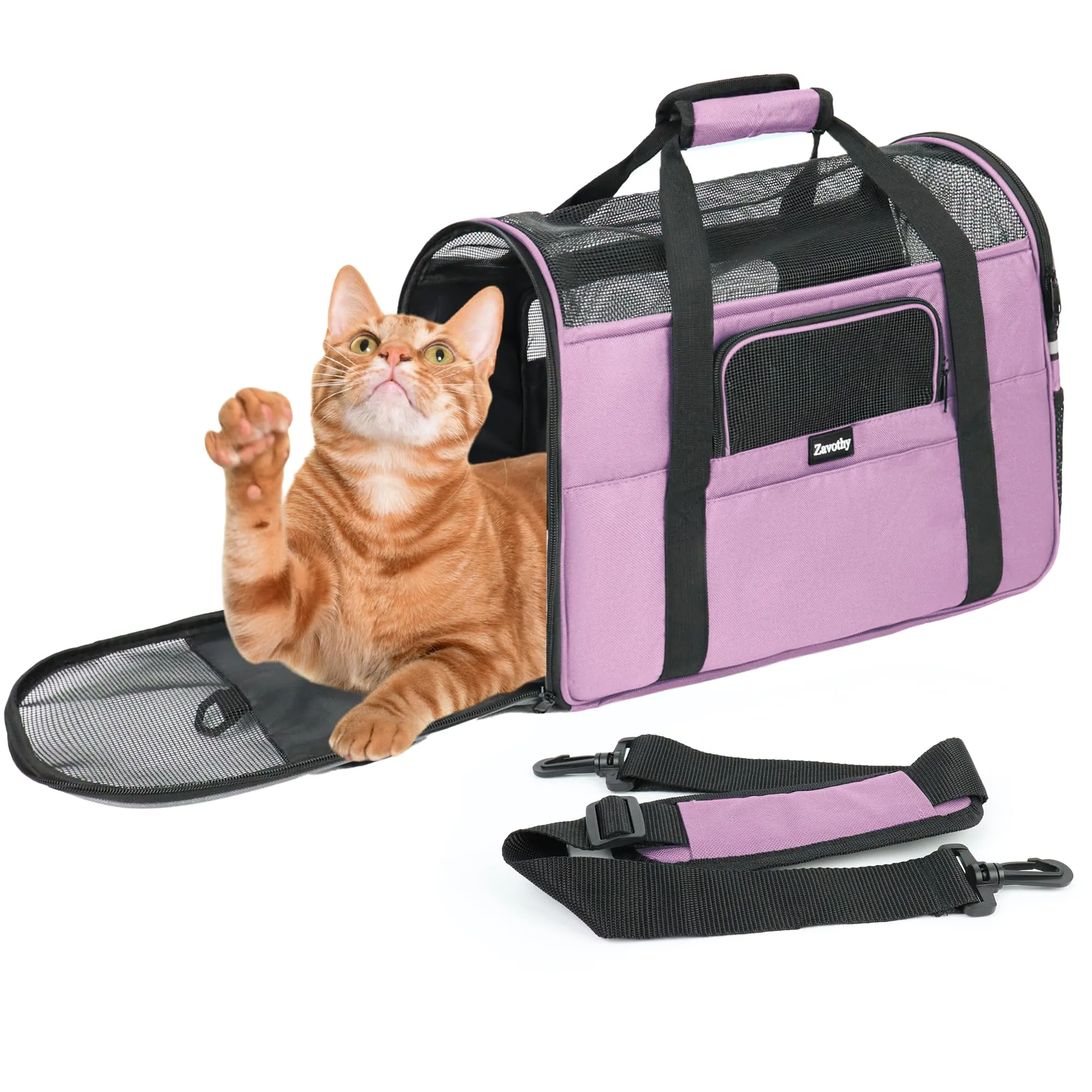 Zavothy Borsa per il trasporto per gatti e cani, traspirante e pieghevole, con tracolla regolabile e materasso in peluche rimovibile (Viola, M) - immagine 2