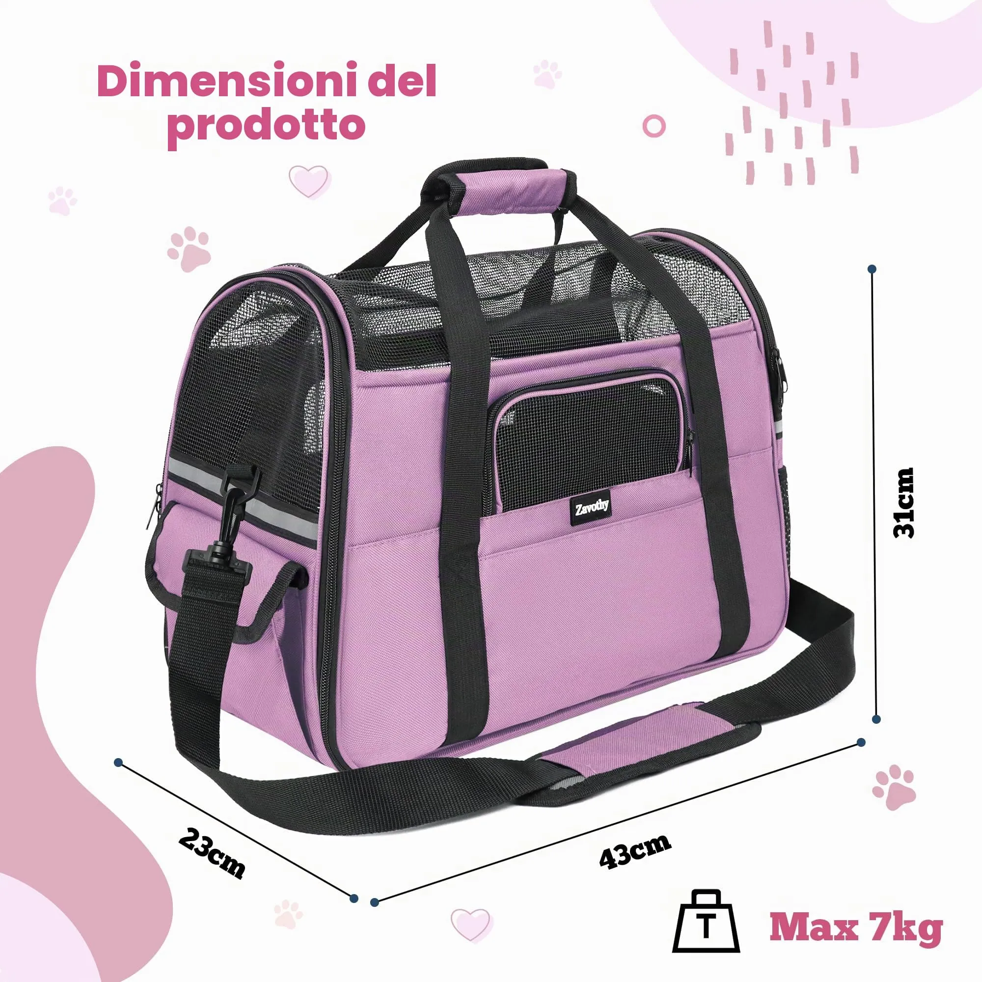 Zavothy Borsa per il trasporto per gatti e cani, traspirante e pieghevole, con tracolla regolabile e materasso in peluche rimovibile (Viola, M) - immagine 3