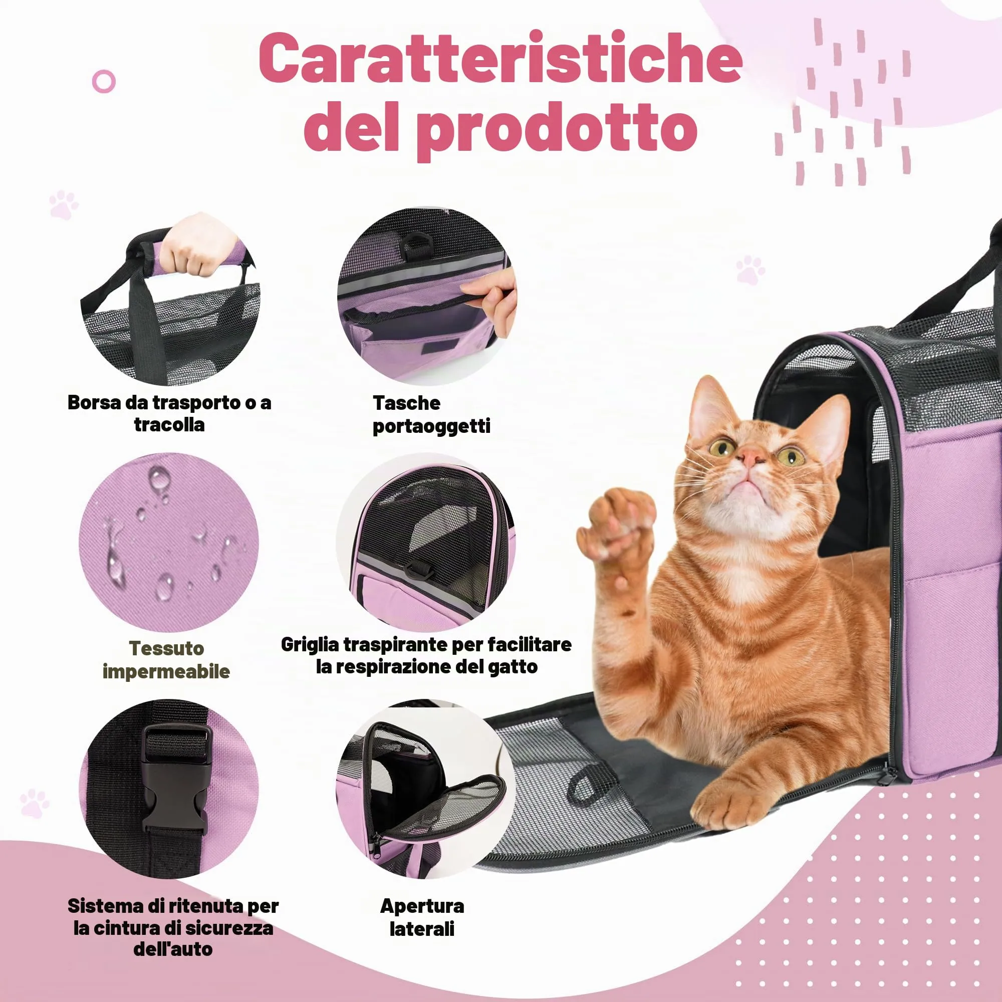 Zavothy Borsa per il trasporto per gatti e cani, traspirante e pieghevole, con tracolla regolabile e materasso in peluche rimovibile (Viola, M) - immagine 4