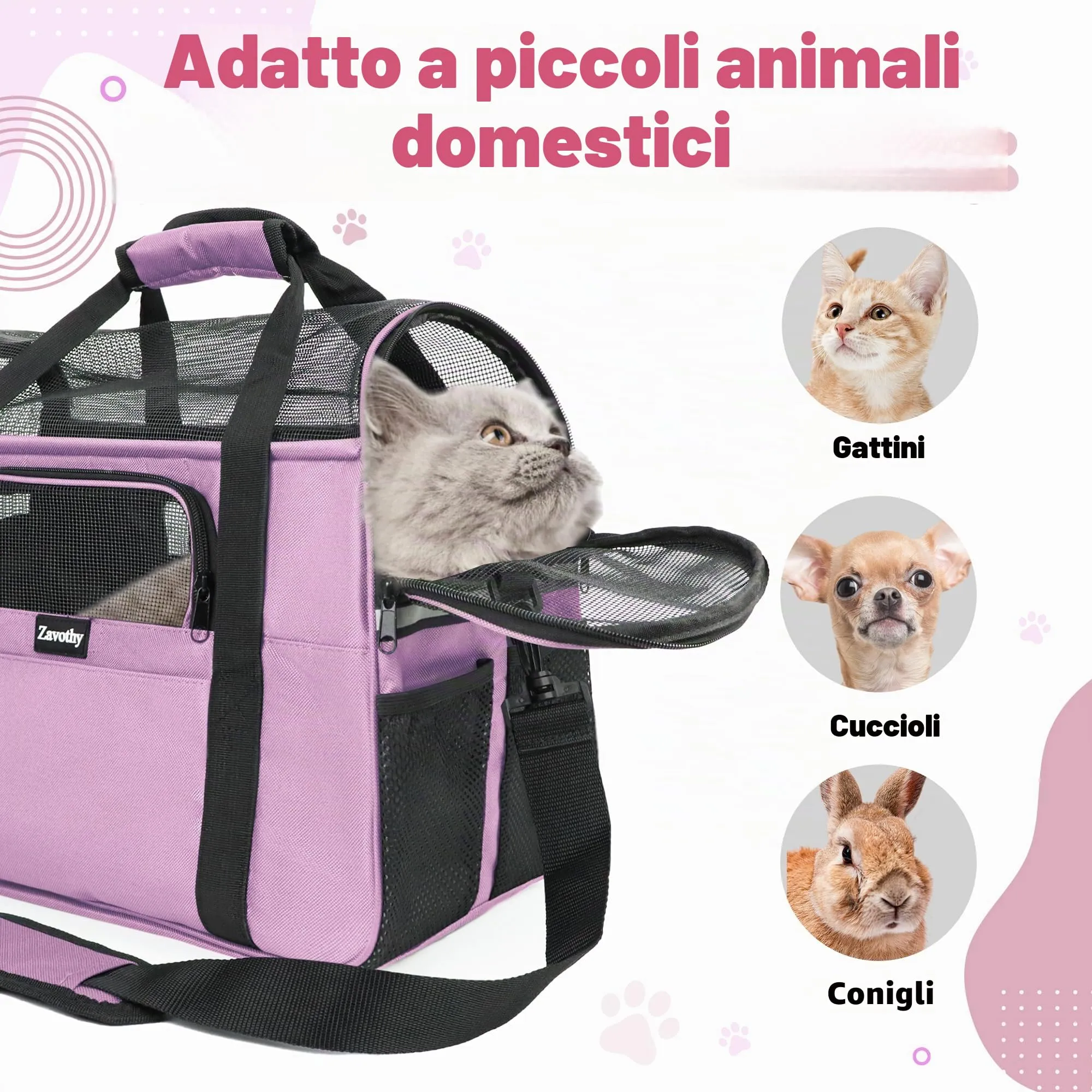 Zavothy Borsa per il trasporto per gatti e cani, traspirante e pieghevole, con tracolla regolabile e materasso in peluche rimovibile (Viola, M) - immagine 5