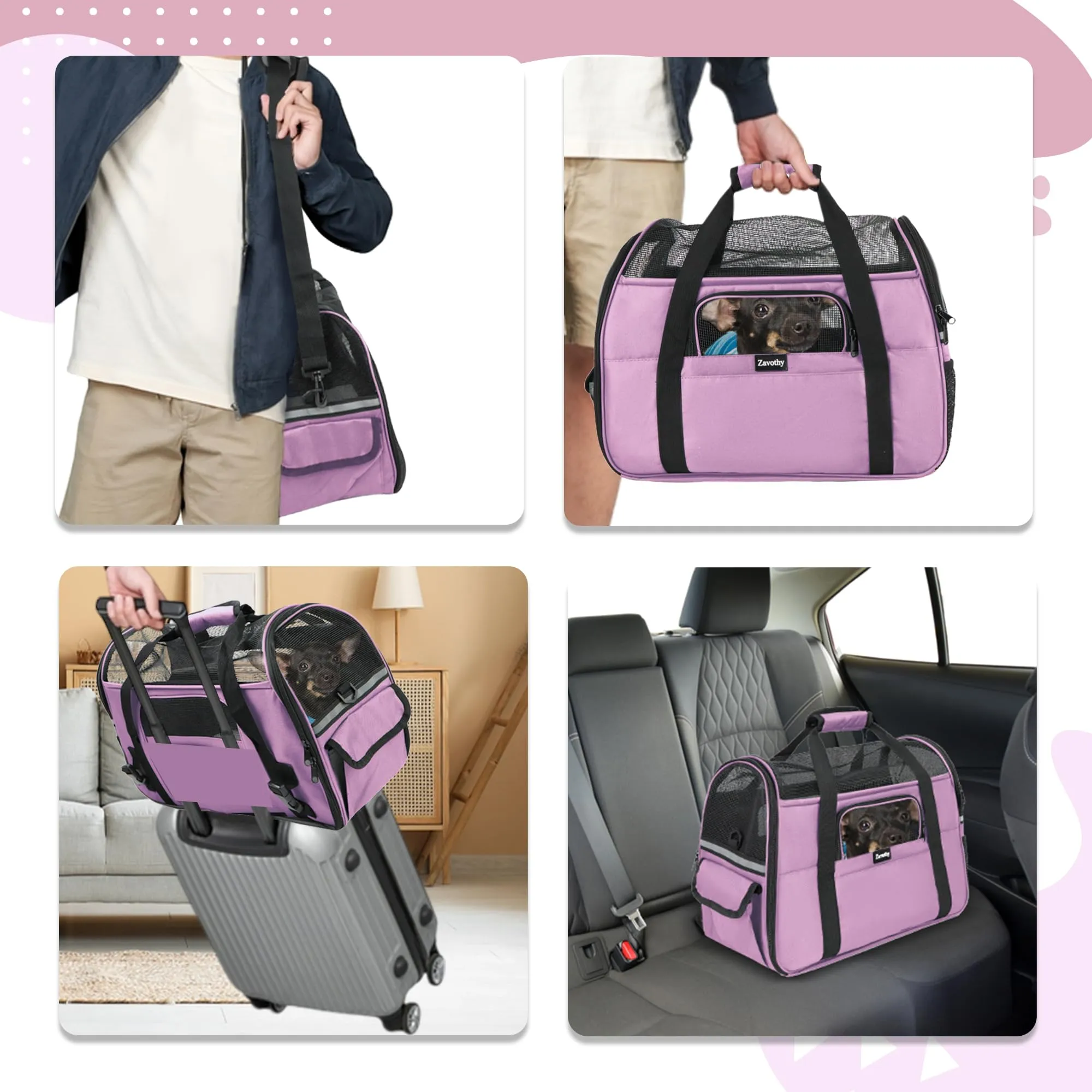 Zavothy Borsa per il trasporto per gatti e cani, traspirante e pieghevole, con tracolla regolabile e materasso in peluche rimovibile (Viola, M) - immagine 6