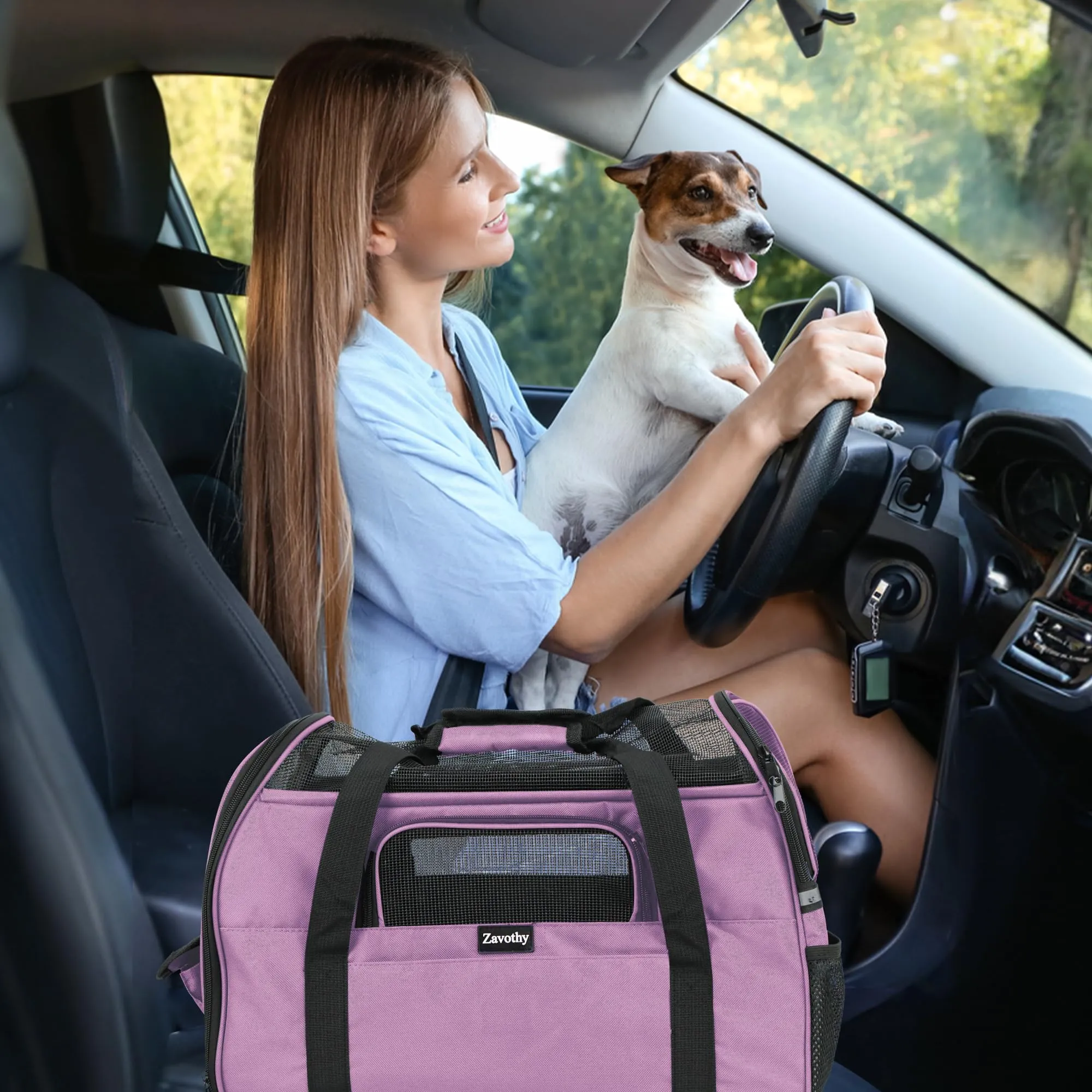 Zavothy Borsa per il trasporto per gatti e cani, traspirante e pieghevole, con tracolla regolabile e materasso in peluche rimovibile (Viola, M) - immagine 7