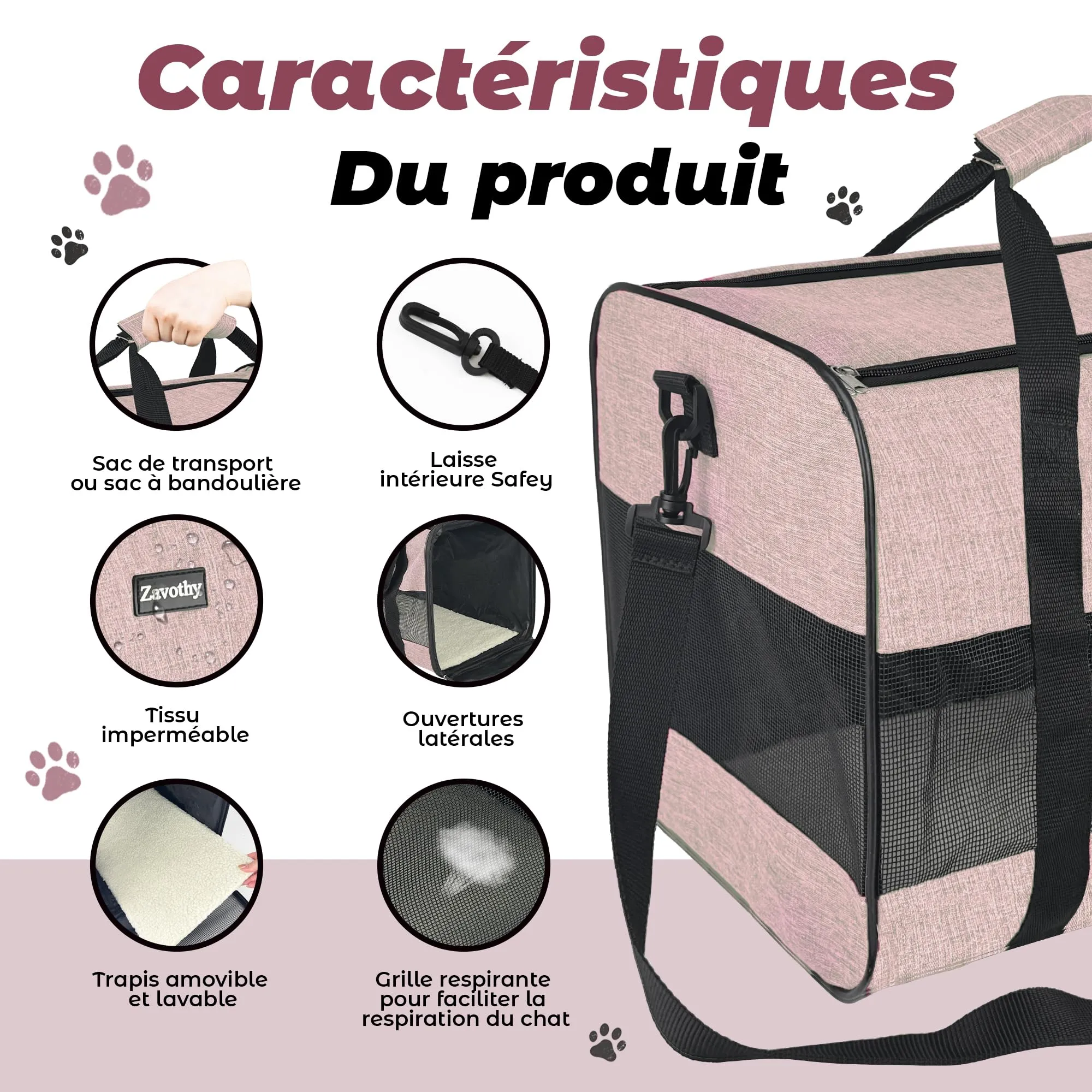Zavothy Borsa da trasporto per gatti e cani, traspirante e pieghevole, con spallina regolabile e materassino rimovibile, Rosa Chiaro, L - immagine 3