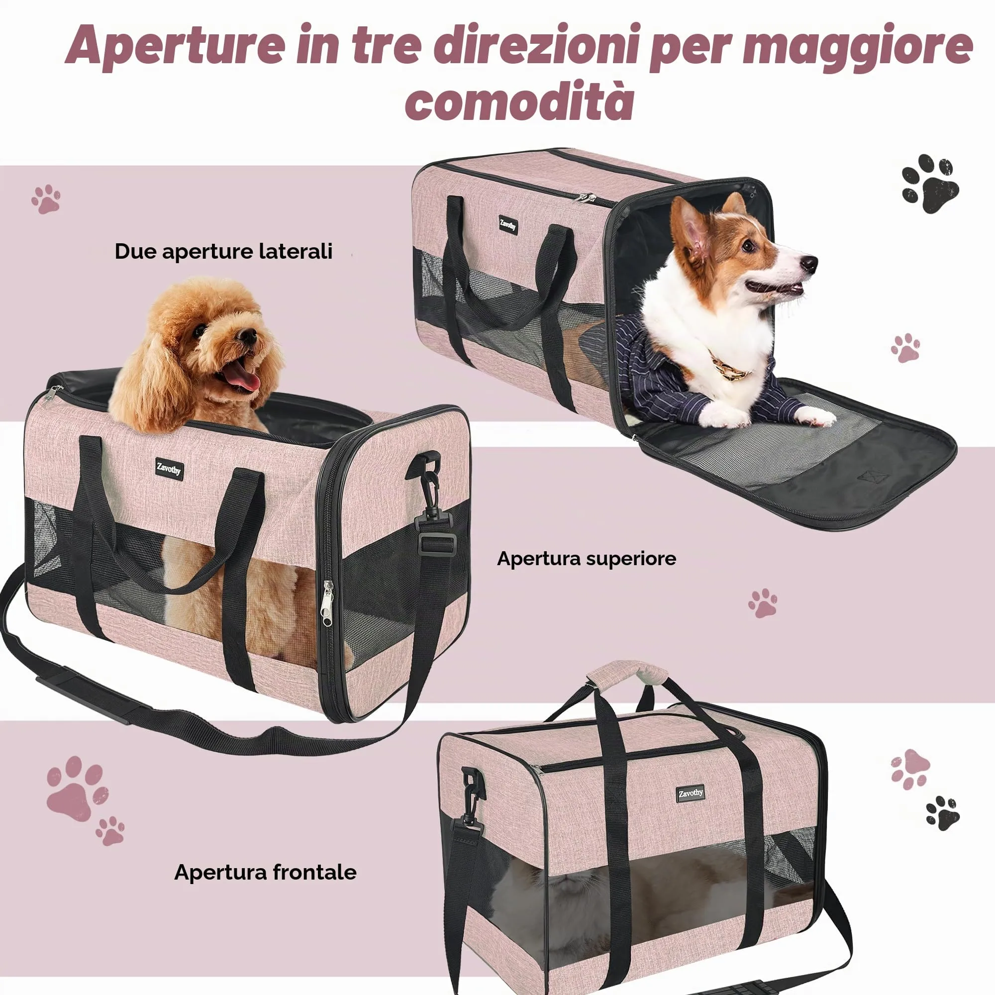Zavothy Borsa da trasporto per gatti e cani, traspirante e pieghevole, con spallina regolabile e materassino rimovibile, Rosa Chiaro, L - immagine 4