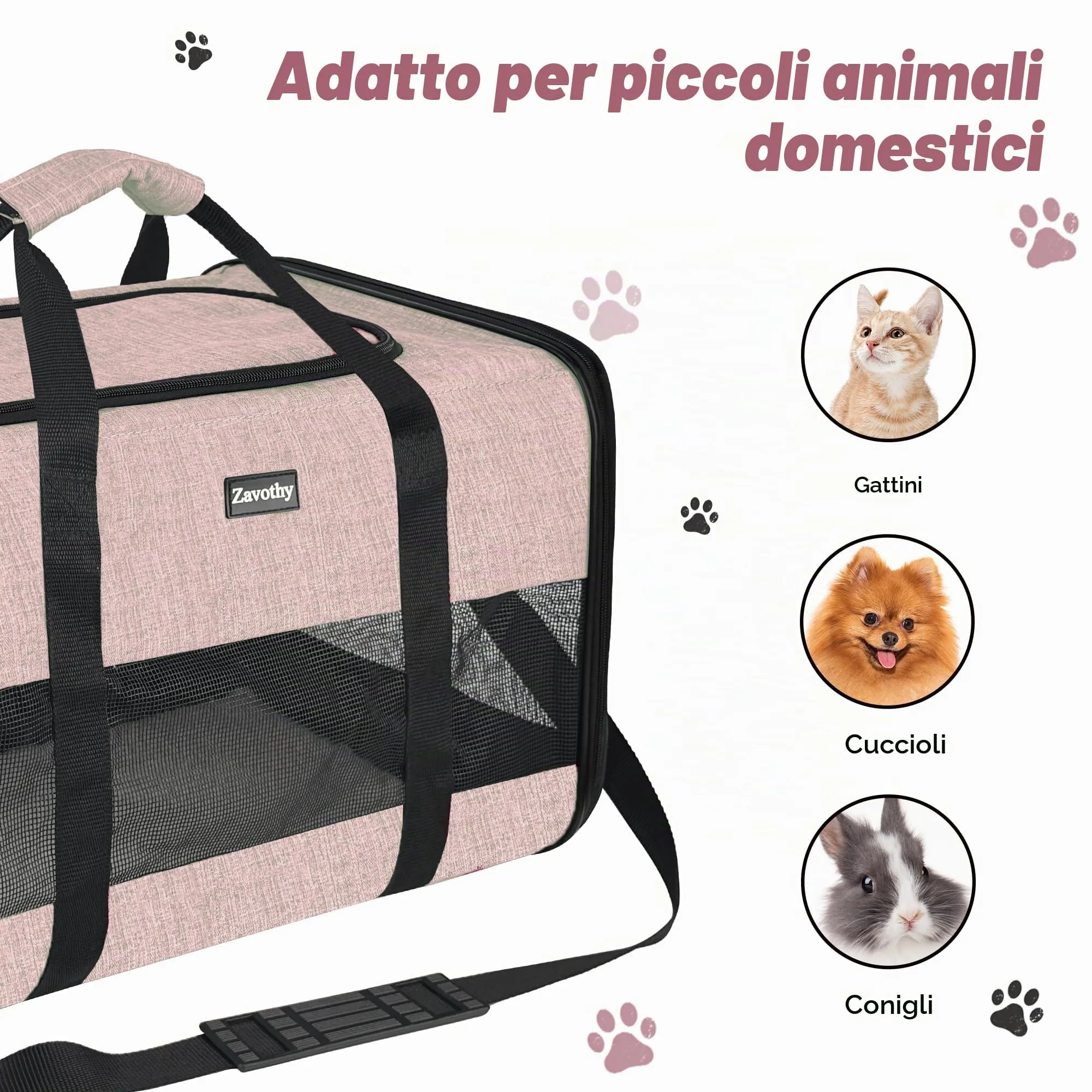 Zavothy Borsa da trasporto per gatti e cani, traspirante e pieghevole, con spallina regolabile e materassino rimovibile, Rosa Chiaro, L - immagine 5