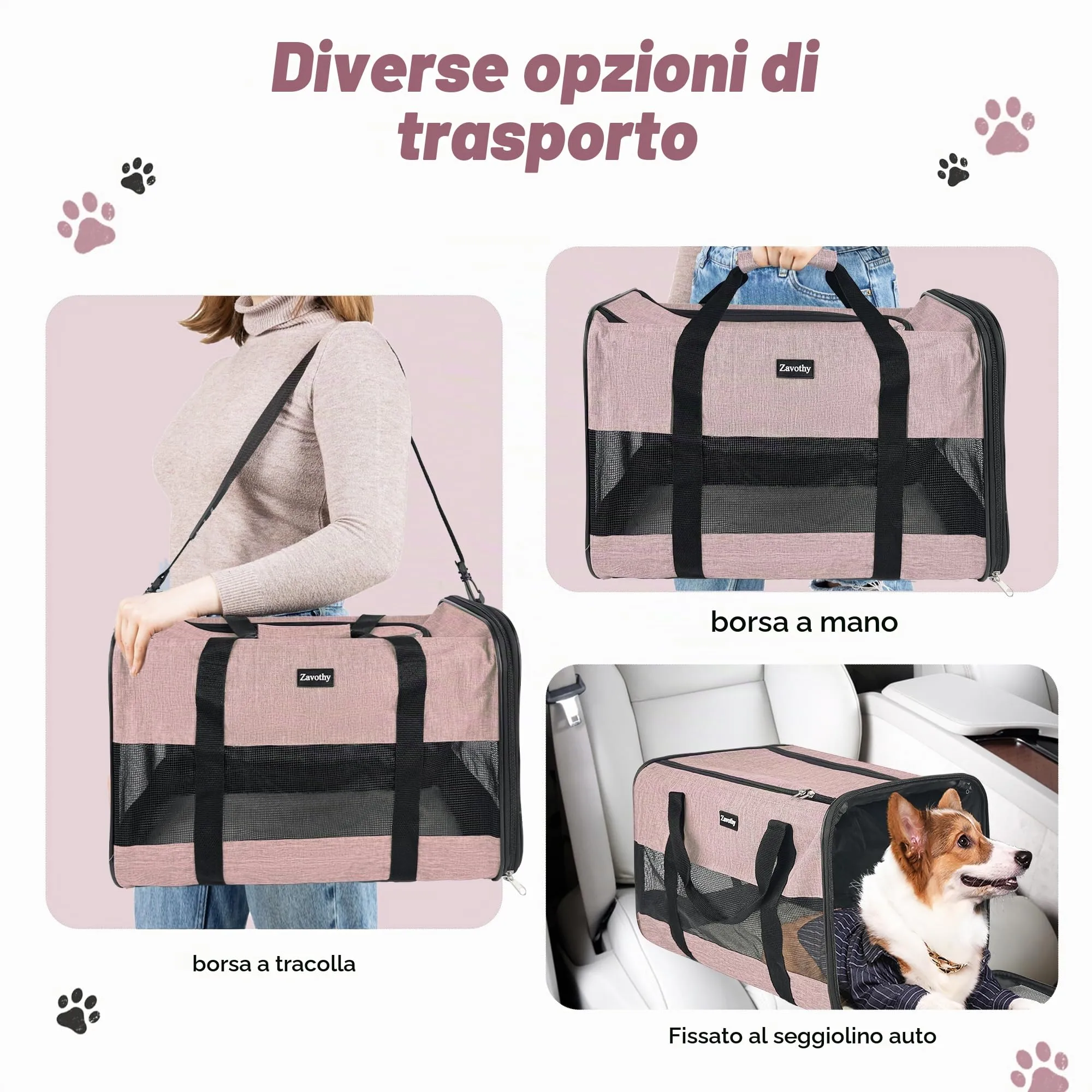 Zavothy Borsa da trasporto per gatti e cani, traspirante e pieghevole, con spallina regolabile e materassino rimovibile, Rosa Chiaro, L - immagine 6