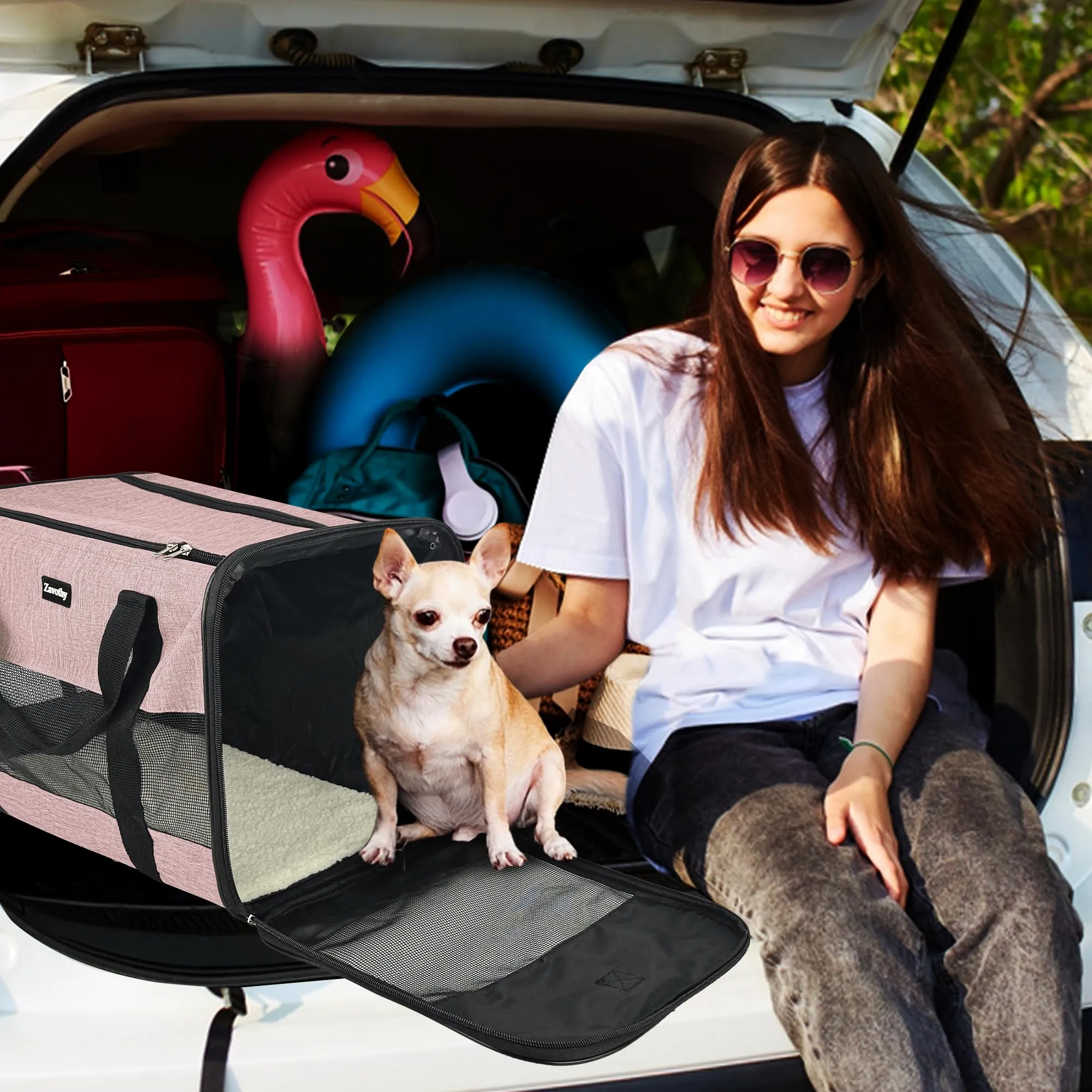 Zavothy Borsa da trasporto per gatti e cani, traspirante e pieghevole, con spallina regolabile e materassino rimovibile, Rosa Chiaro, L - immagine 7