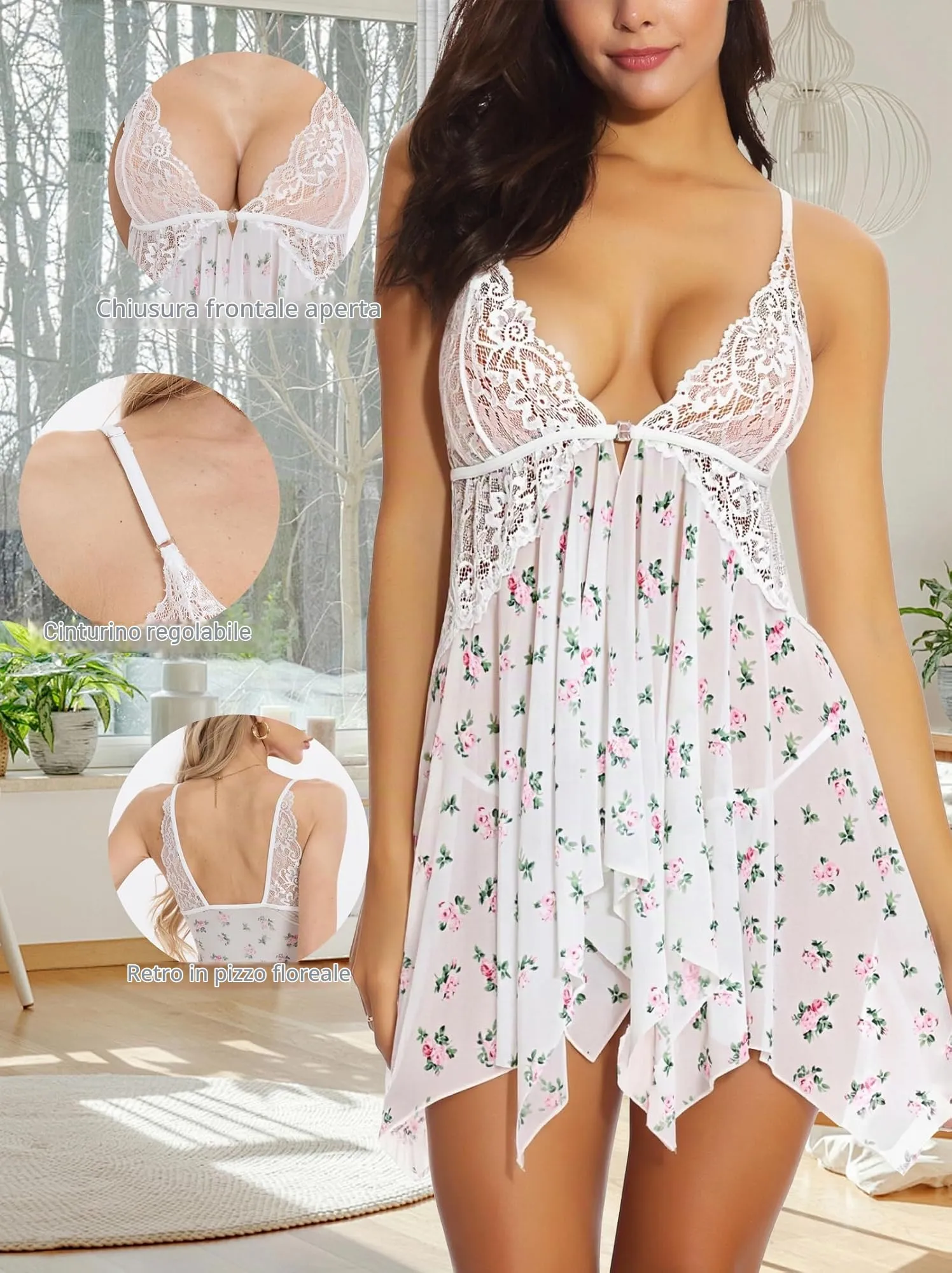 ONGASOFT Set di lingerie babydoll con chiusura frontale e perizoma, Fiore bianco, S - immagine 3