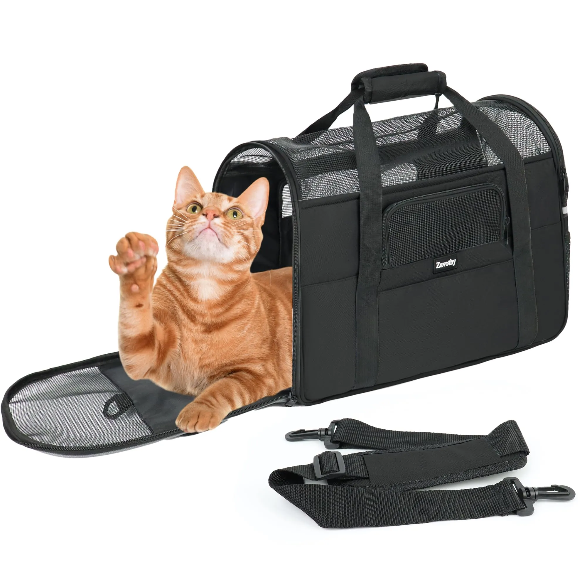 Zavothy Borsa per il trasporto per gatti e cani, traspirante e pieghevole, con tracolla regolabile e materasso rimovibile, Nero, M - immagine 2