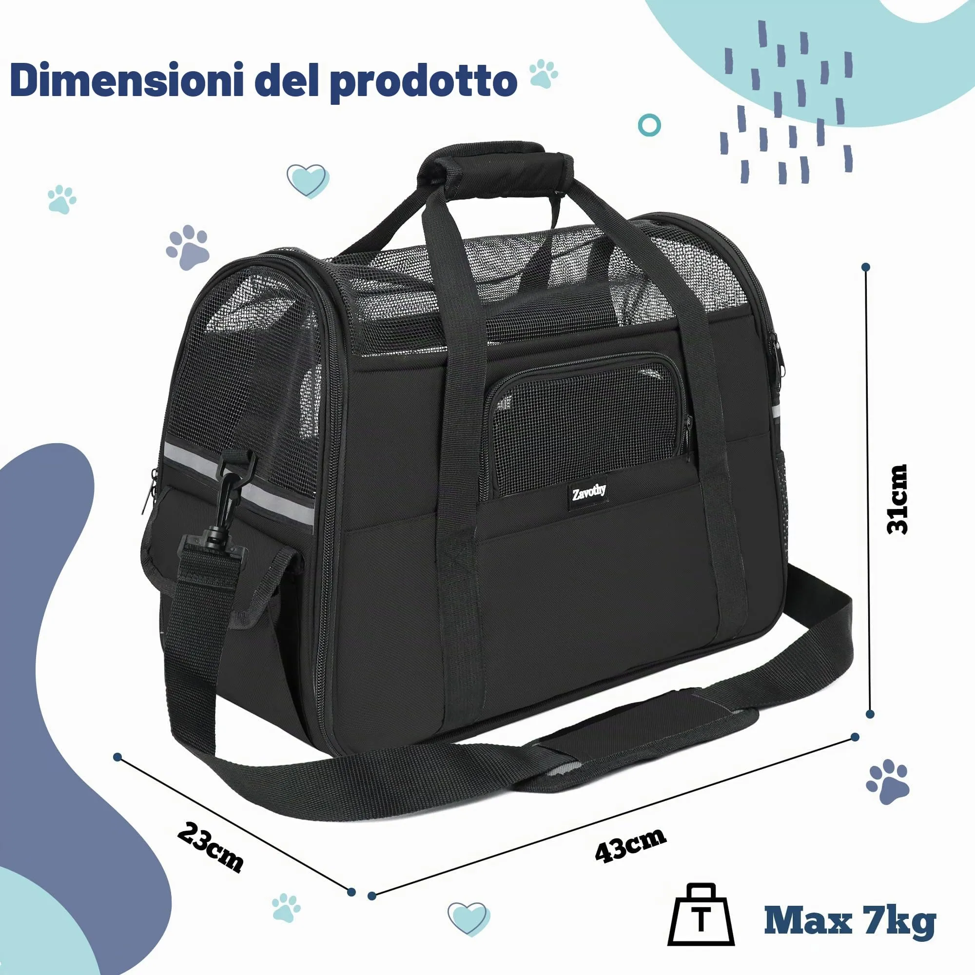 Zavothy Borsa per il trasporto per gatti e cani, traspirante e pieghevole, con tracolla regolabile e materasso rimovibile, Nero, M - immagine 3