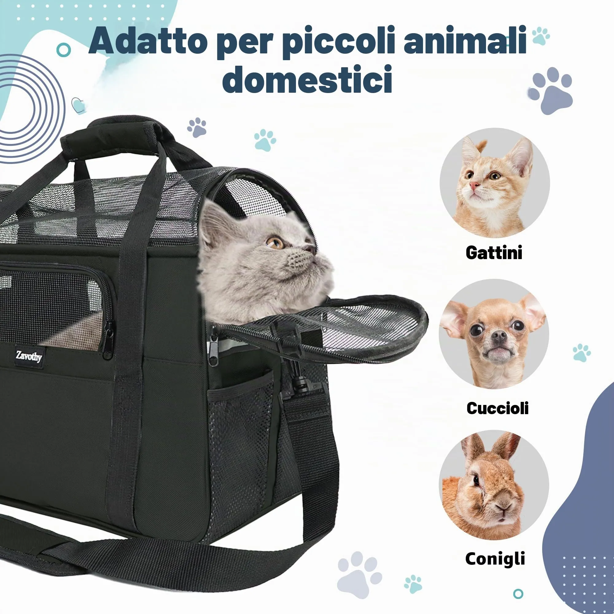 Zavothy Borsa per il trasporto per gatti e cani, traspirante e pieghevole, con tracolla regolabile e materasso rimovibile, Nero, M - immagine 4