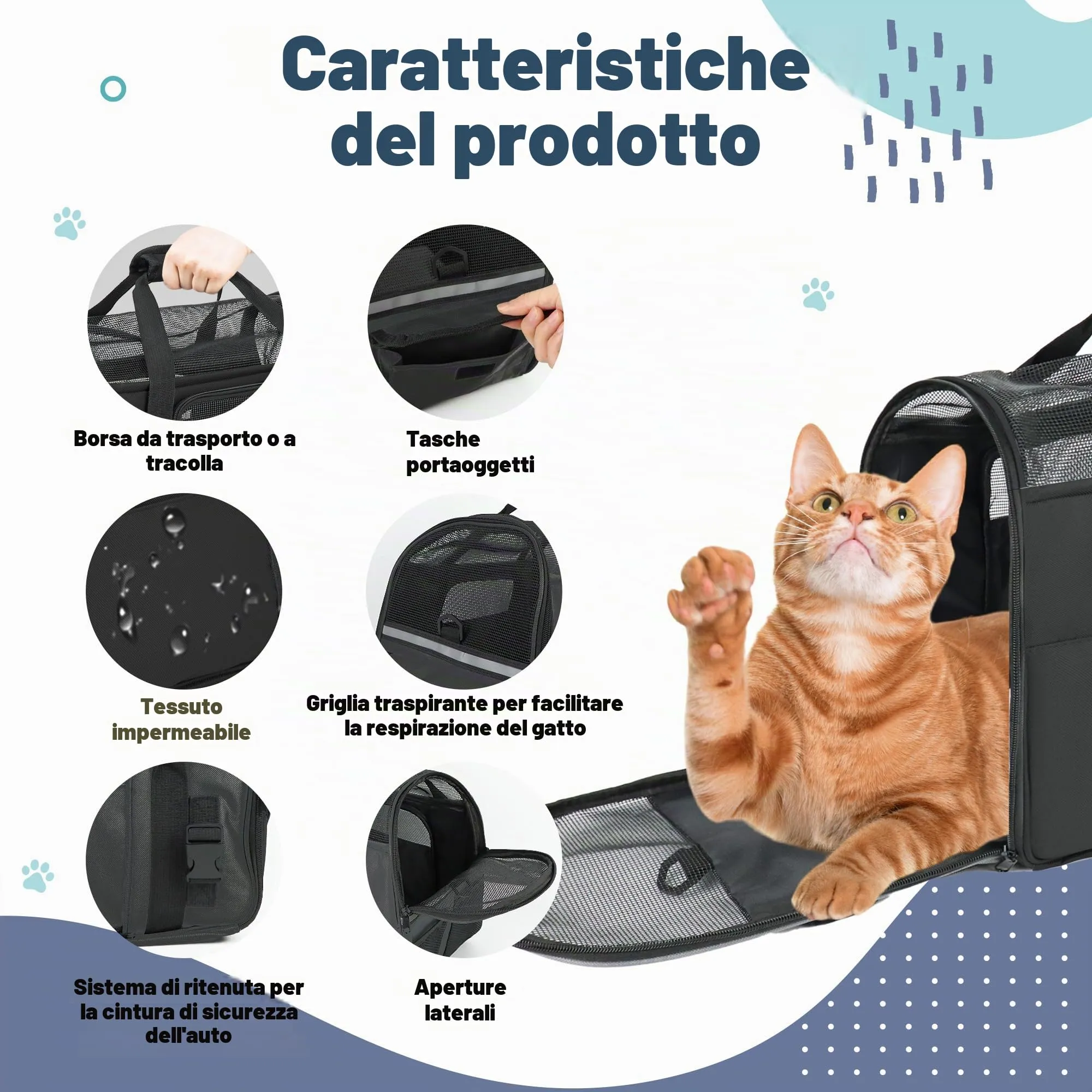 Zavothy Borsa per il trasporto per gatti e cani, traspirante e pieghevole, con tracolla regolabile e materasso rimovibile, Nero, M - immagine 5