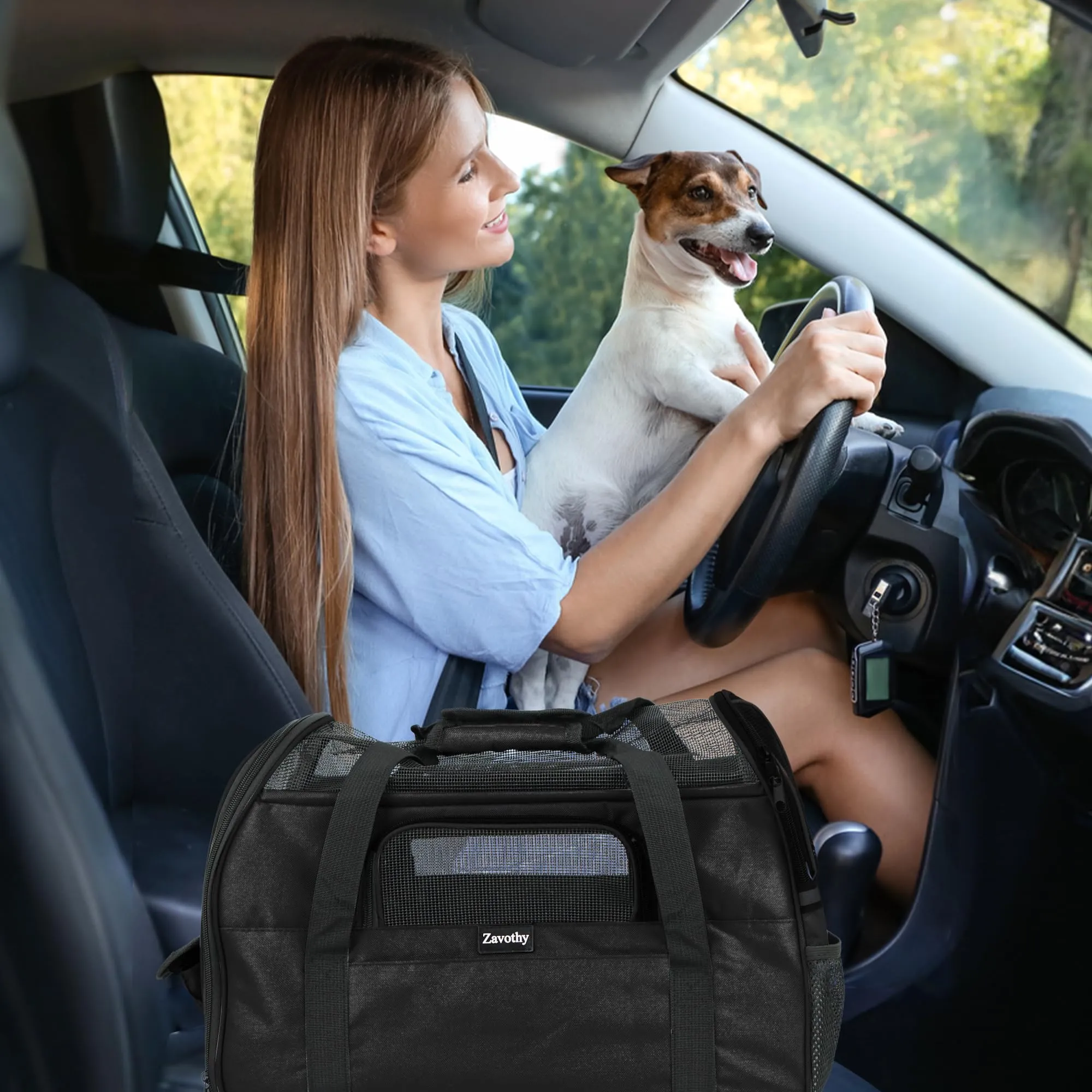 Zavothy Borsa per il trasporto per gatti e cani, traspirante e pieghevole, con tracolla regolabile e materasso rimovibile, Nero, M - immagine 7