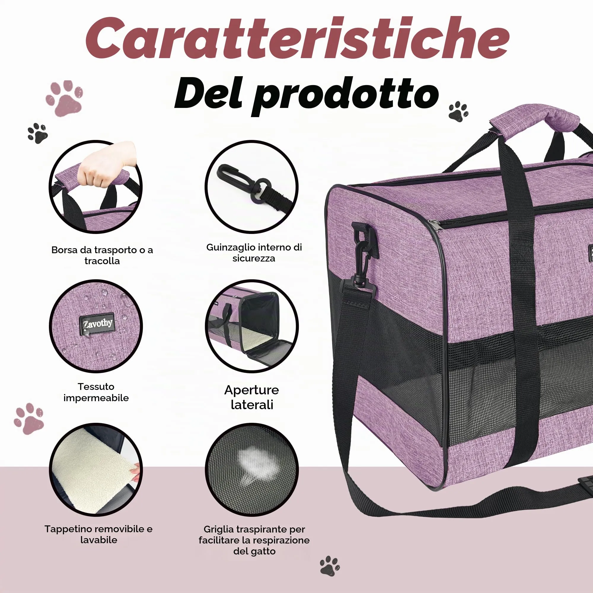 Zavothy Borsa Trasporto per Gatti e Cani, Traspirante e Pieghevole con Tracolla Regolabile e Materasso Rimovibile, Viola, L - immagine 3