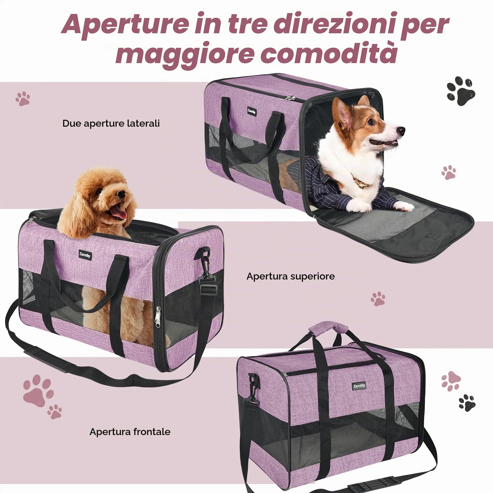 Zavothy Borsa Trasporto per Gatti e Cani, Traspirante e Pieghevole con Tracolla Regolabile e Materasso Rimovibile, Viola, L - immagine 4